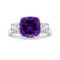 Bague à trois pierres en or 14 carats avec améthyste coussin certifiée GIA de 2,5 carats Naturelle