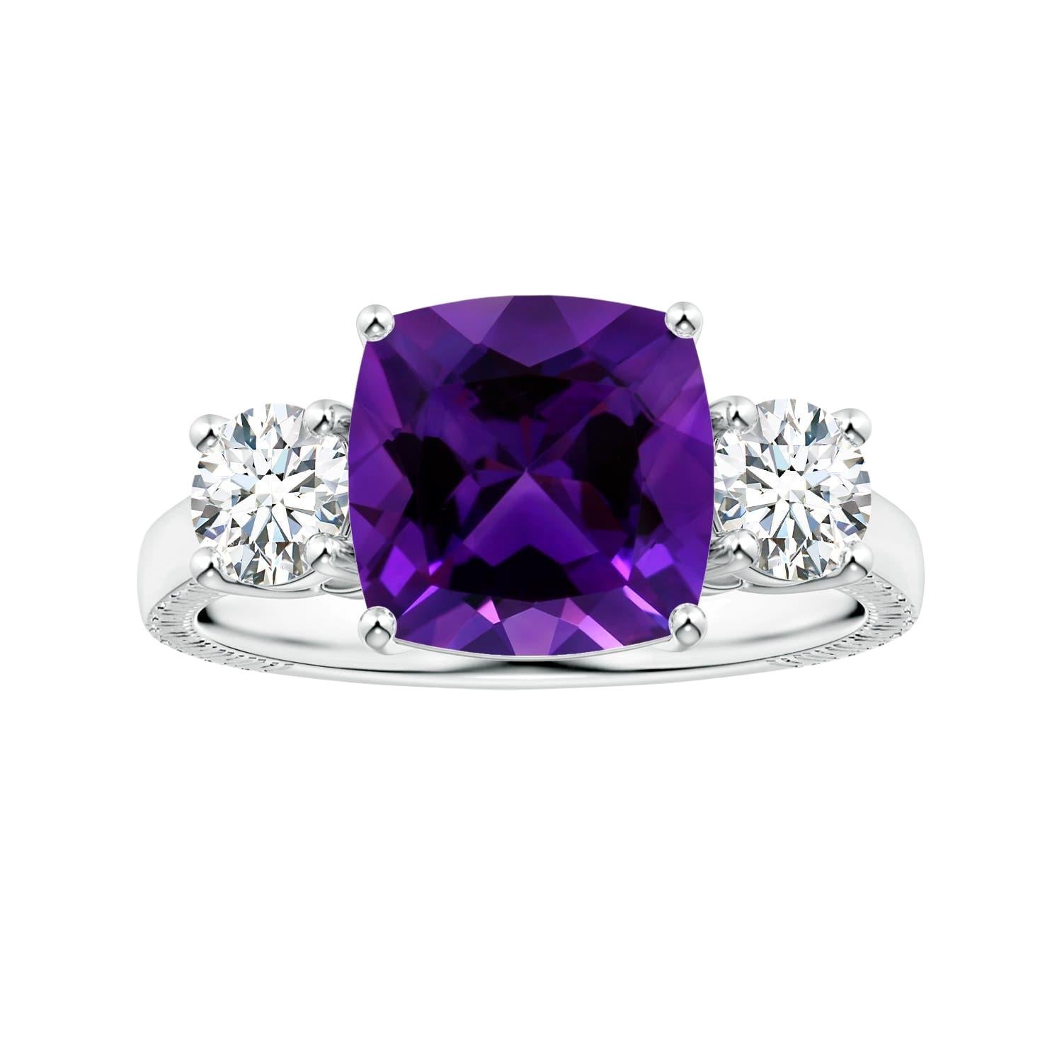 Bague à trois pierres en or 14 carats avec améthyste coussin certifiée GIA de 2,5 carats Naturelle en vente