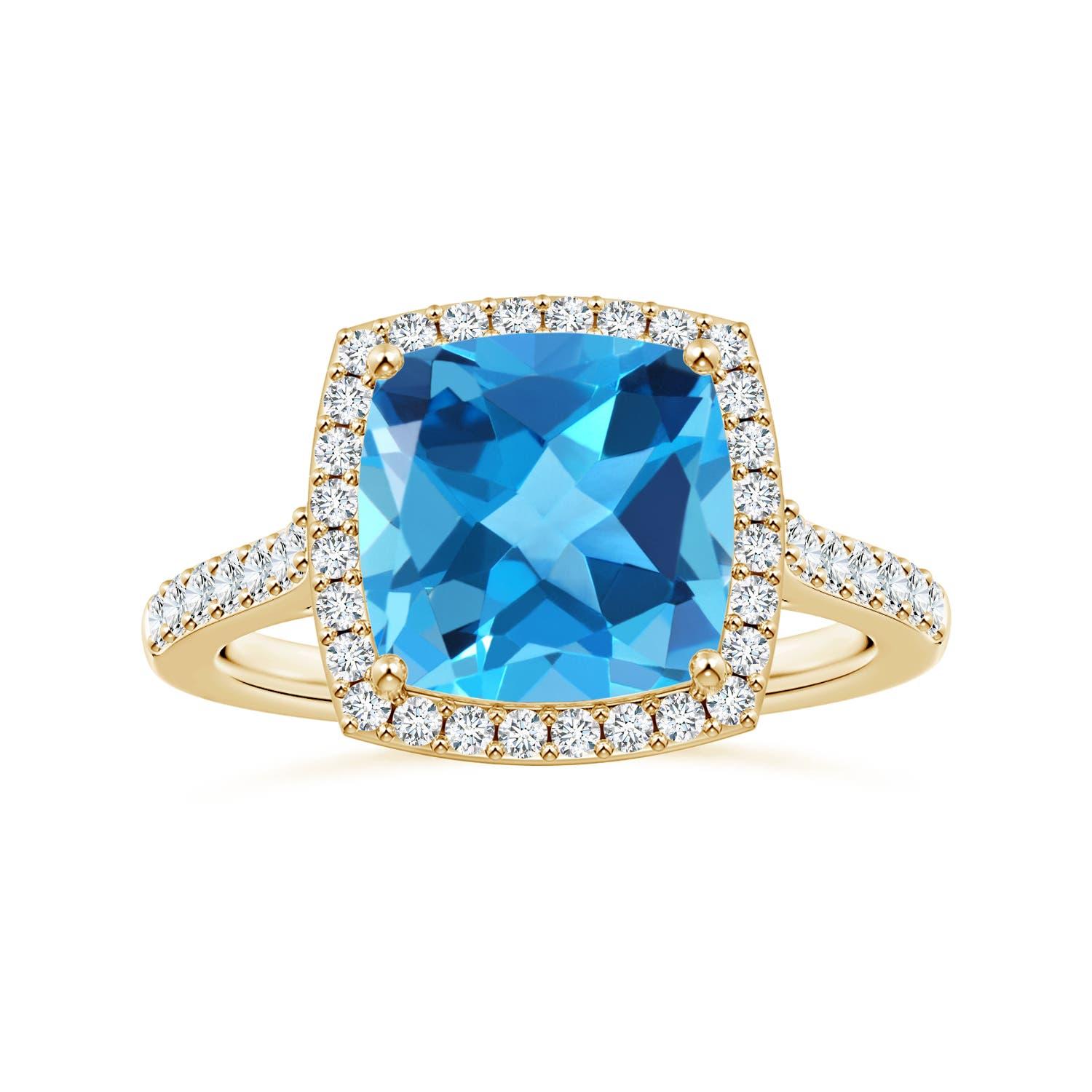 Anello aureolato in oro 14K con Topazio Blu Svizzero di Angara Nature certificato GIA a cuscino 4,8ct in vendita 1