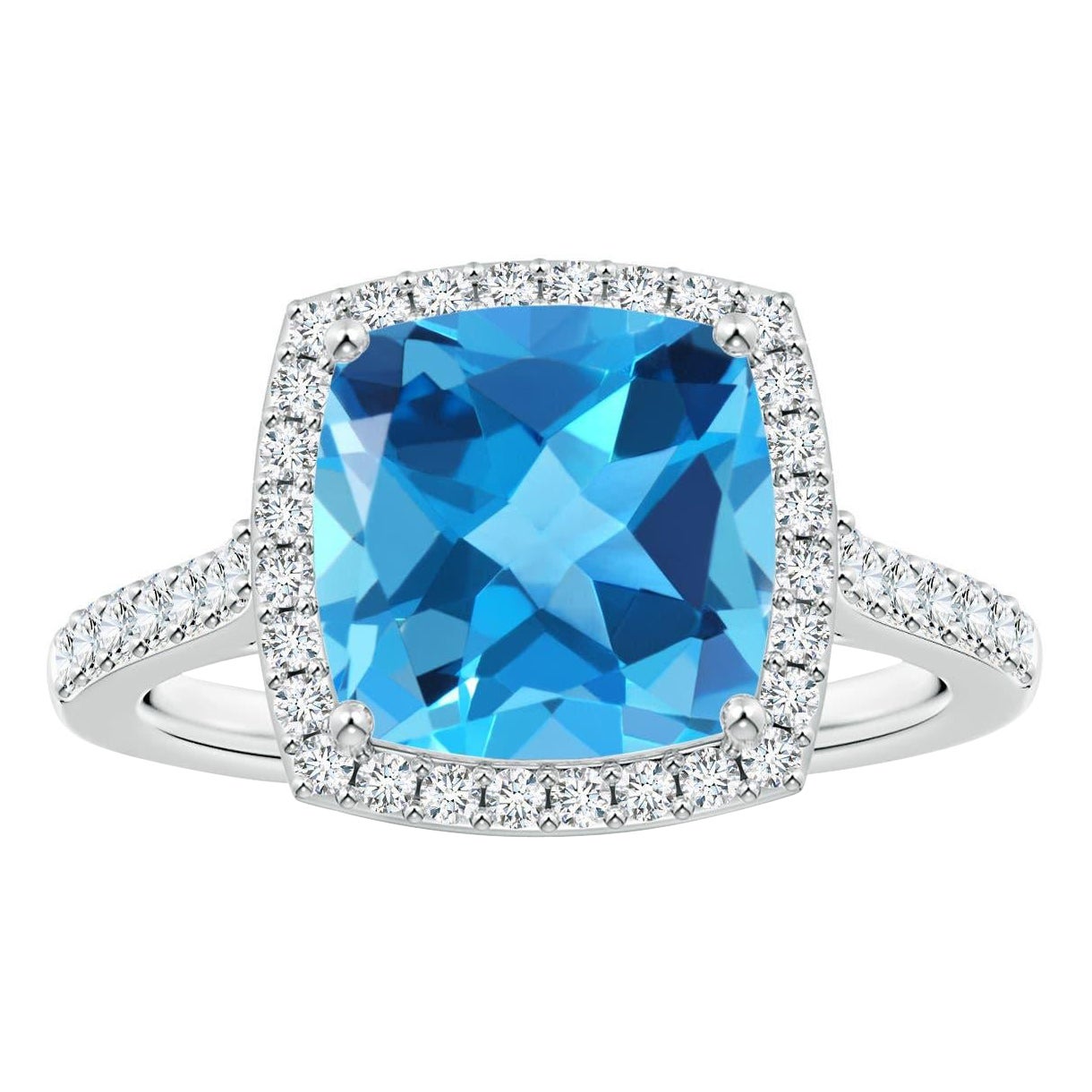 Anello aureolato in oro 14K con Topazio Blu Svizzero di Angara Nature certificato GIA a cuscino 4,8ct