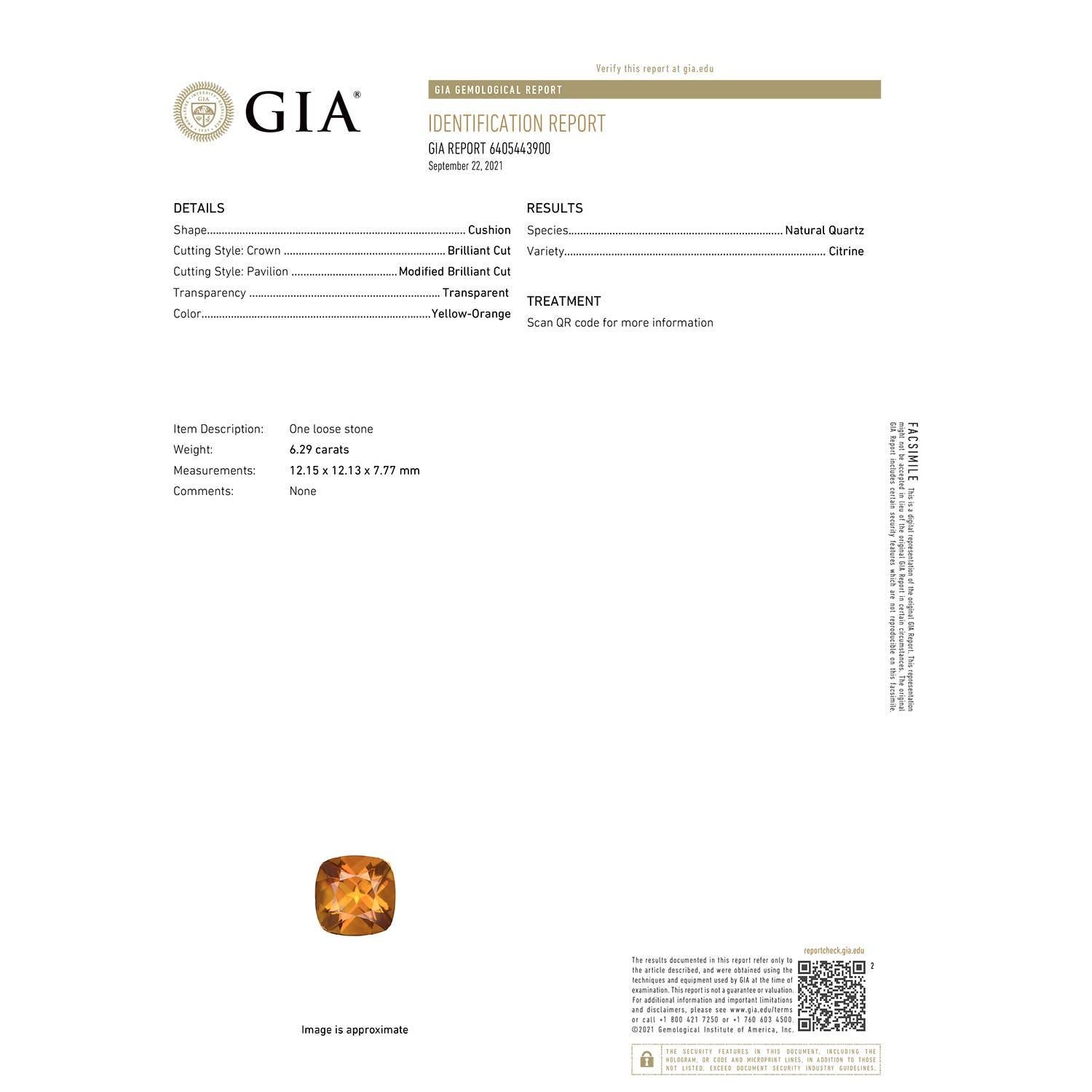Angara Natural GIA Certified Cushion 6.29 ct Citrine Ring with Diamond 14K Gold Moderno en venta