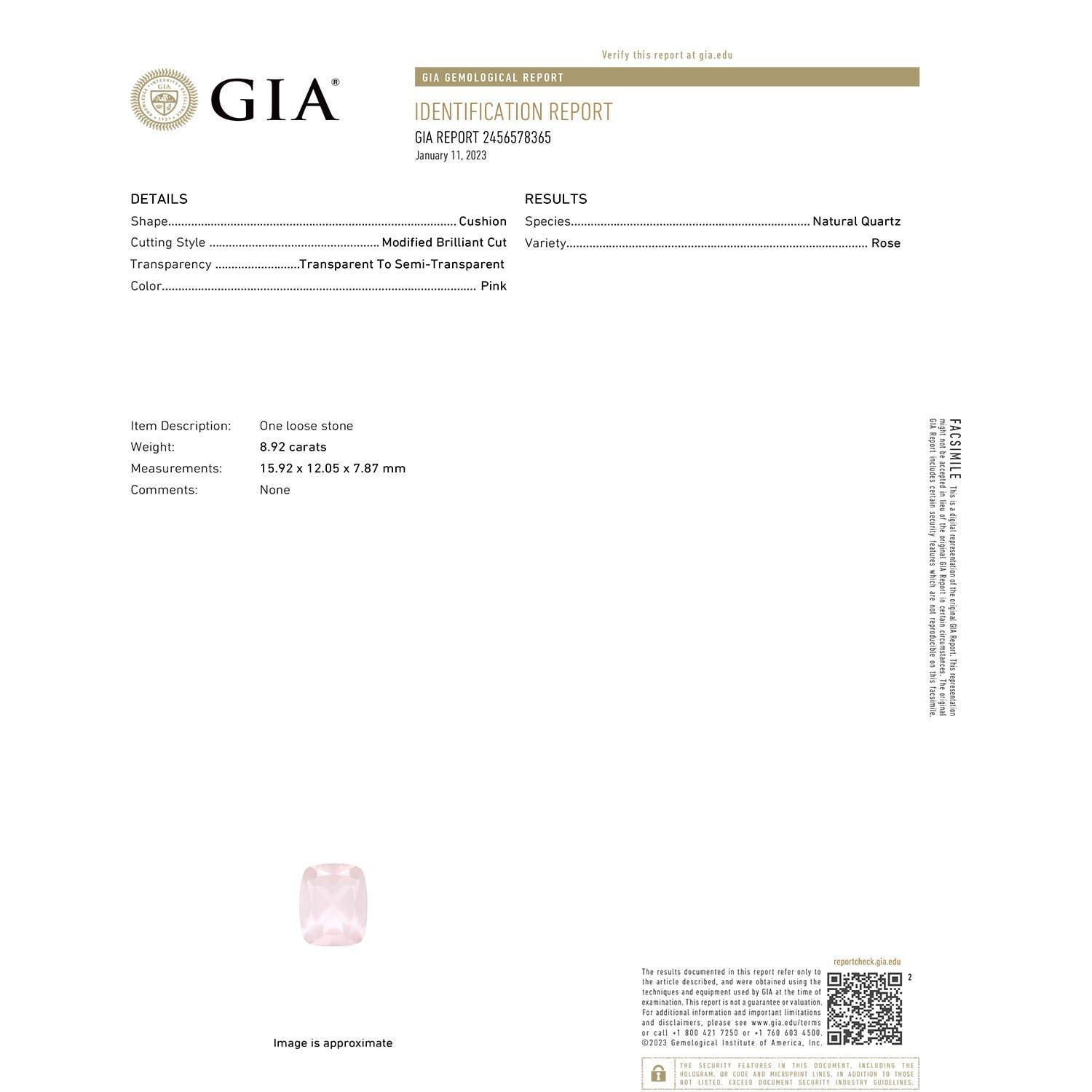 Moderno Ciondolo di quarzo rosa da 8,92 carati con certificato GIA di Angara Nature in oro 14K in vendita