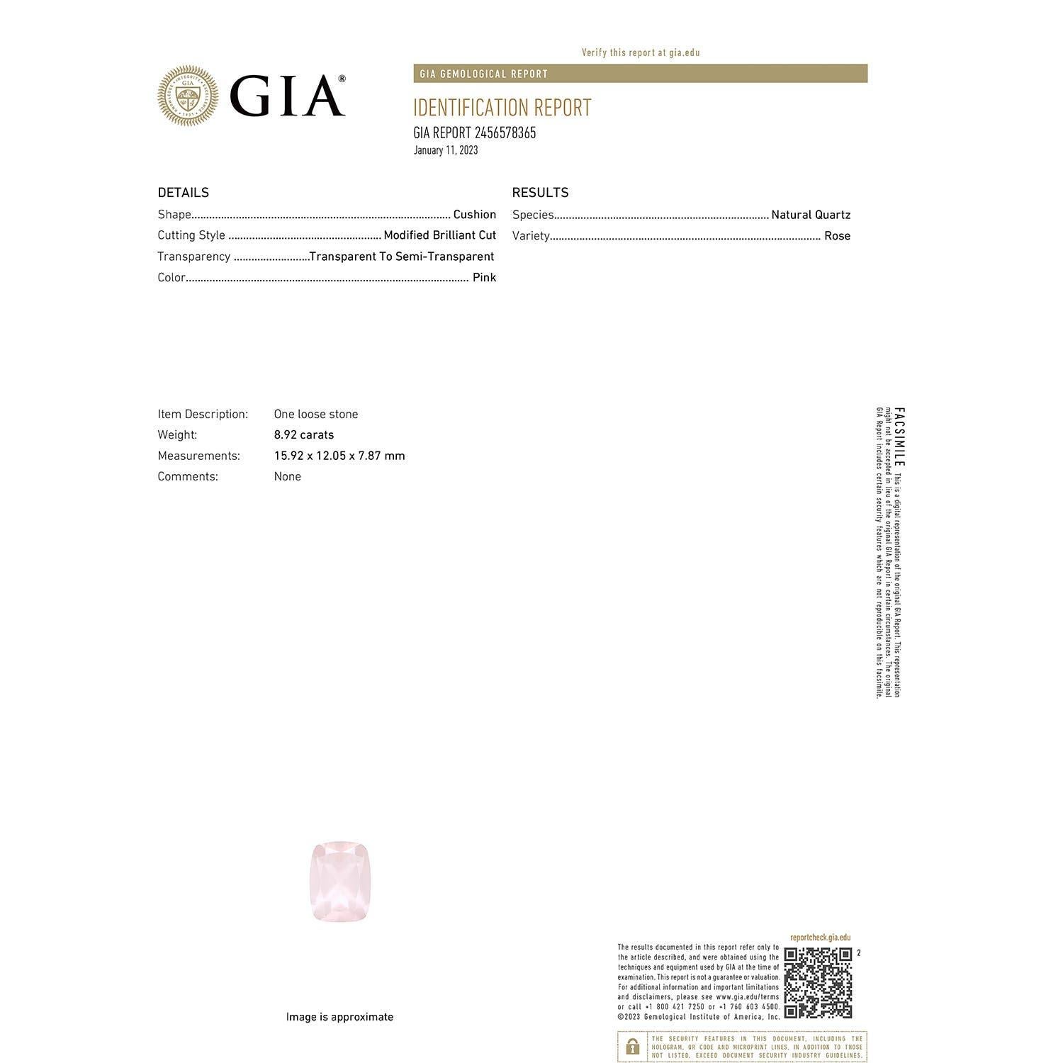 Moderne Angara Bague en or massif 14K en quartz rose certifié GIA 8,92 ct coussin naturel en vente