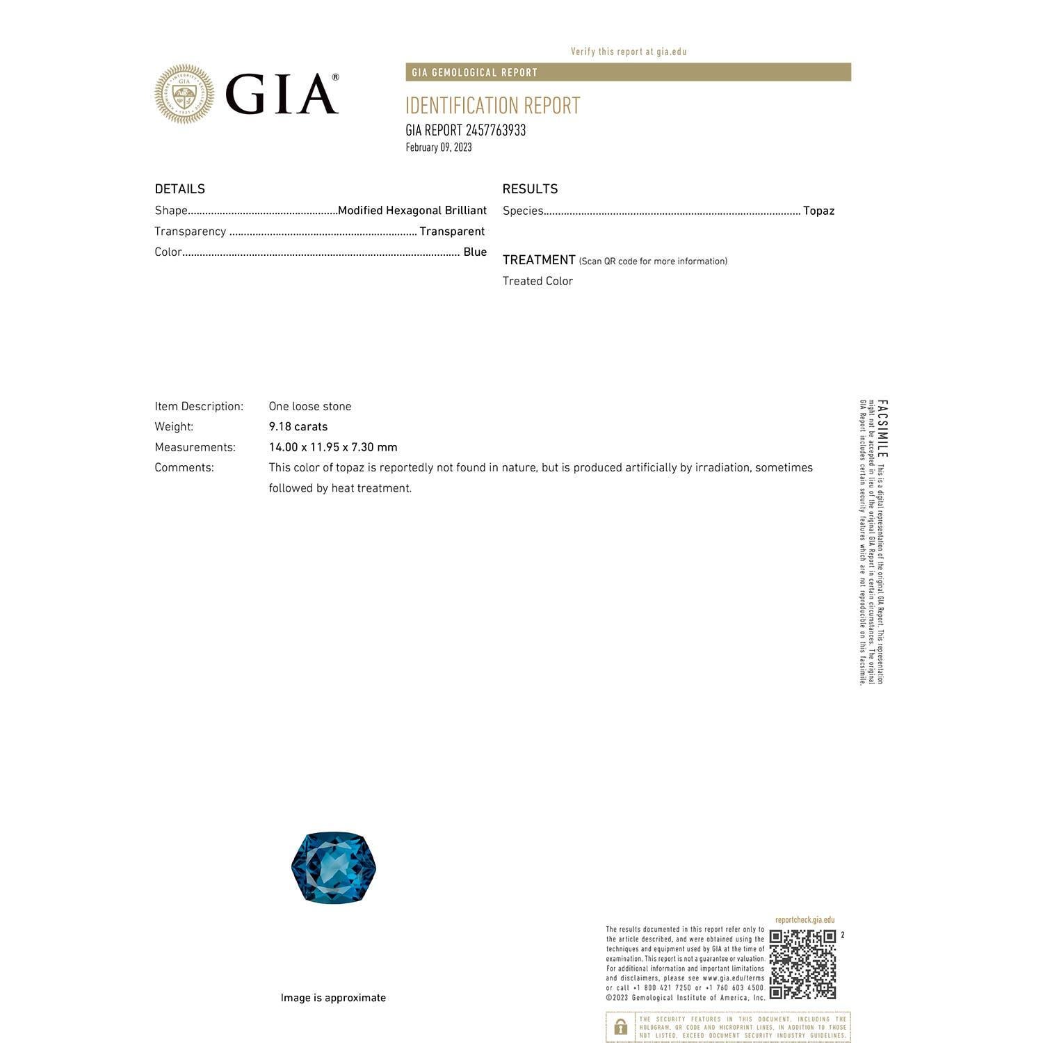 Moderno Angara Cuscino naturale certificato GIA da 9,18 carati di Topazio Blu di Londra in oro massiccio 14 carati in vendita