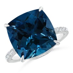 Angara Natural GIA Certified Cushion 9.25 ct London Blue Topaz Ring in 14K Gold