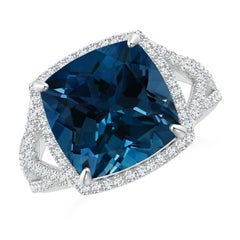Angara Natural GIA Certified Cushion 9.25 ct London Blue Topaz Ring in 14K Gold