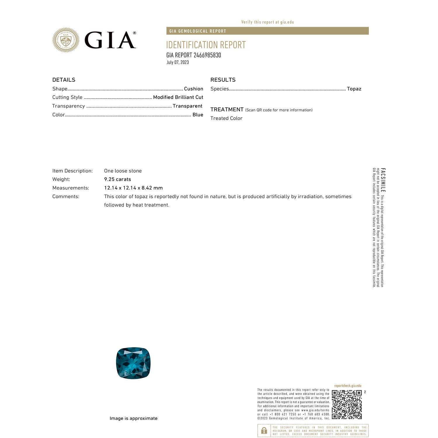 Moderno Anello Angara con cuscino naturale certificato GIA da 9,25 ct di Topazio Blu di Londra in oro 14 carati in vendita