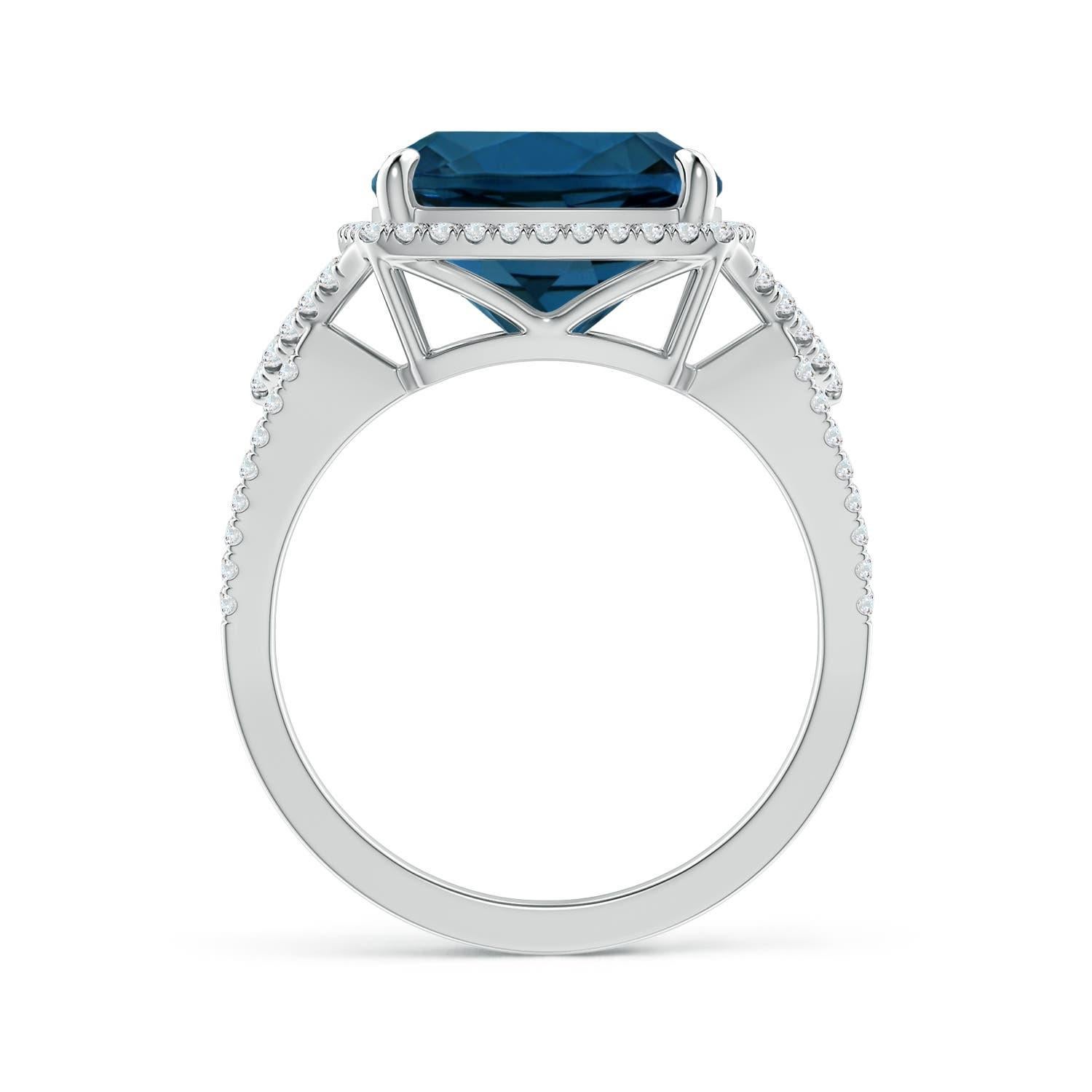 Taglio cuscino Anello Angara con cuscino naturale certificato GIA da 9,25 ct di Topazio Blu di Londra in oro 14 carati in vendita