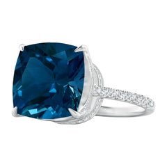 Angara Natural GIA Certified Cushion 9.25 ct London Blue Topaz Ring in 14K Gold
