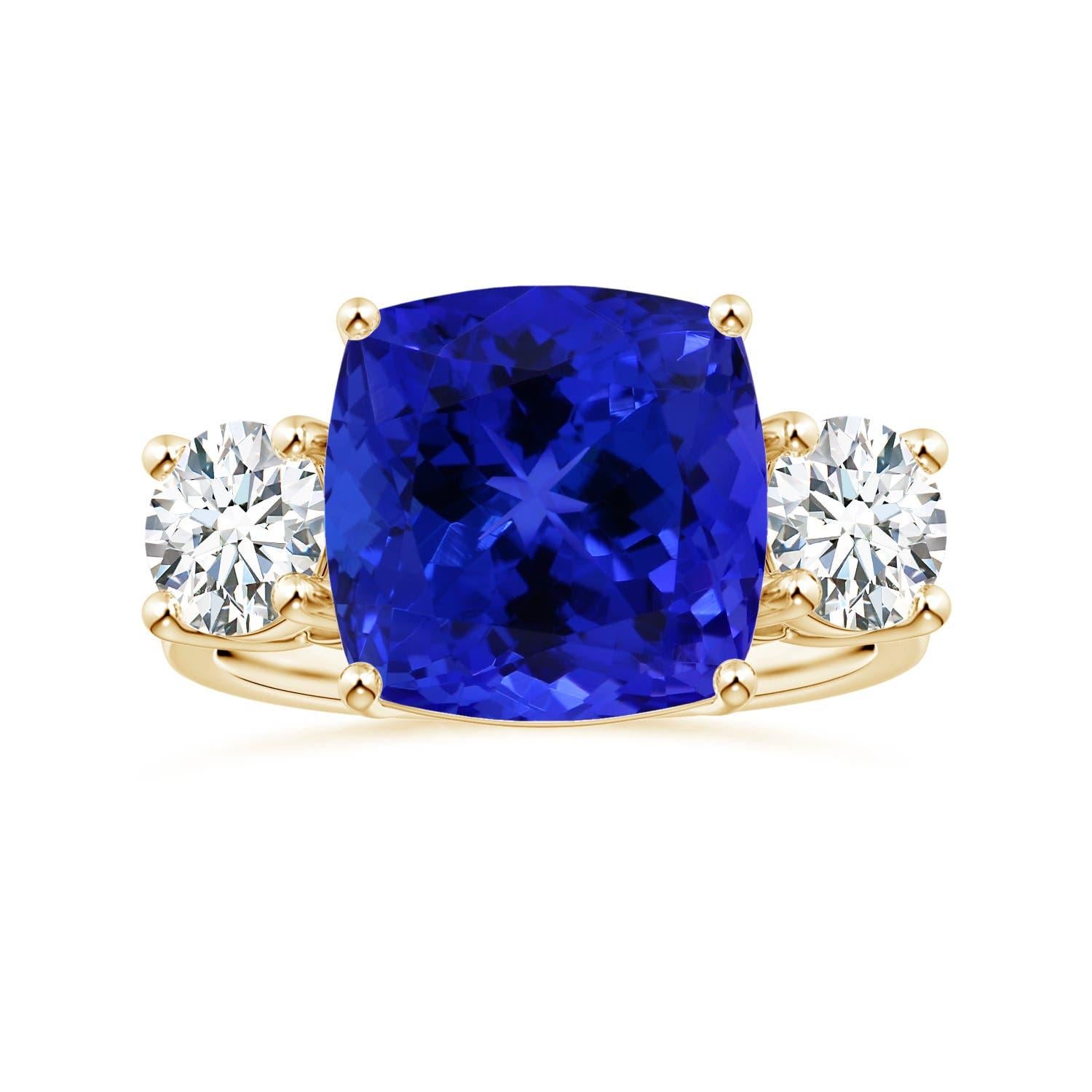 Angara Nature certifié GIA coussin 9,91 ct Tanzanite Three Stone Ring 14K Gold en vente 3