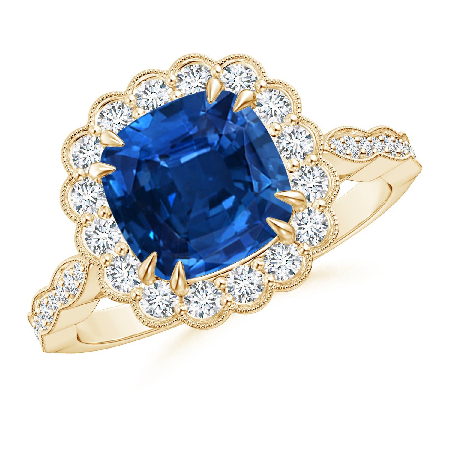 Anello con zaffiro a cuscino certificato GIA Nature di Angara con alone floreale in oro 14K in vendita 2