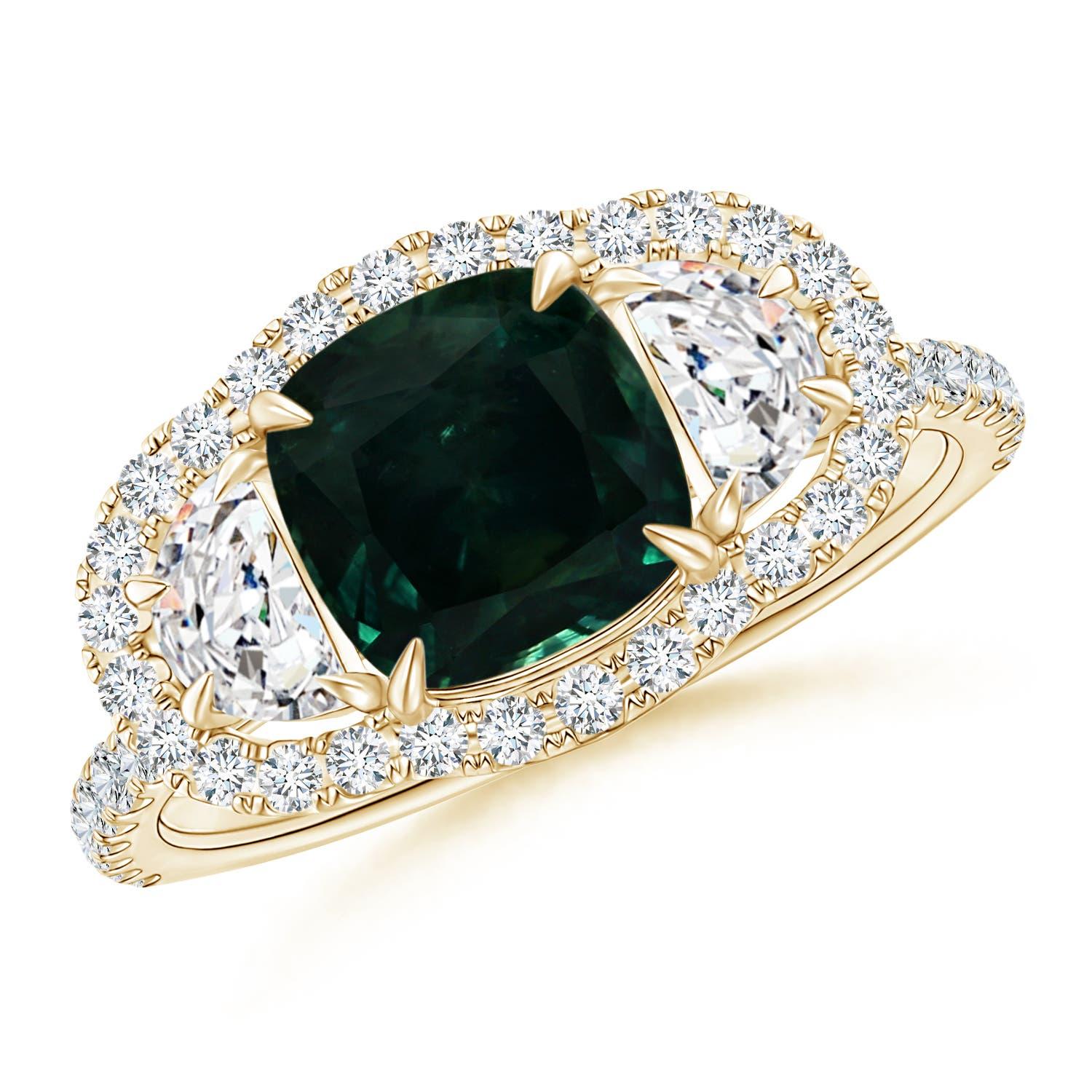 Angara Bague saphir sarcelle coussin certifié GIA avec diamant en or 14K en vente 1