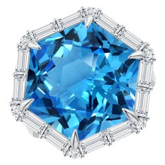 Angara Anillo de oro de 14 quilates con topacio azul suizo de 17,5 quilates, natural, certificado por el GIA y talla fantasía