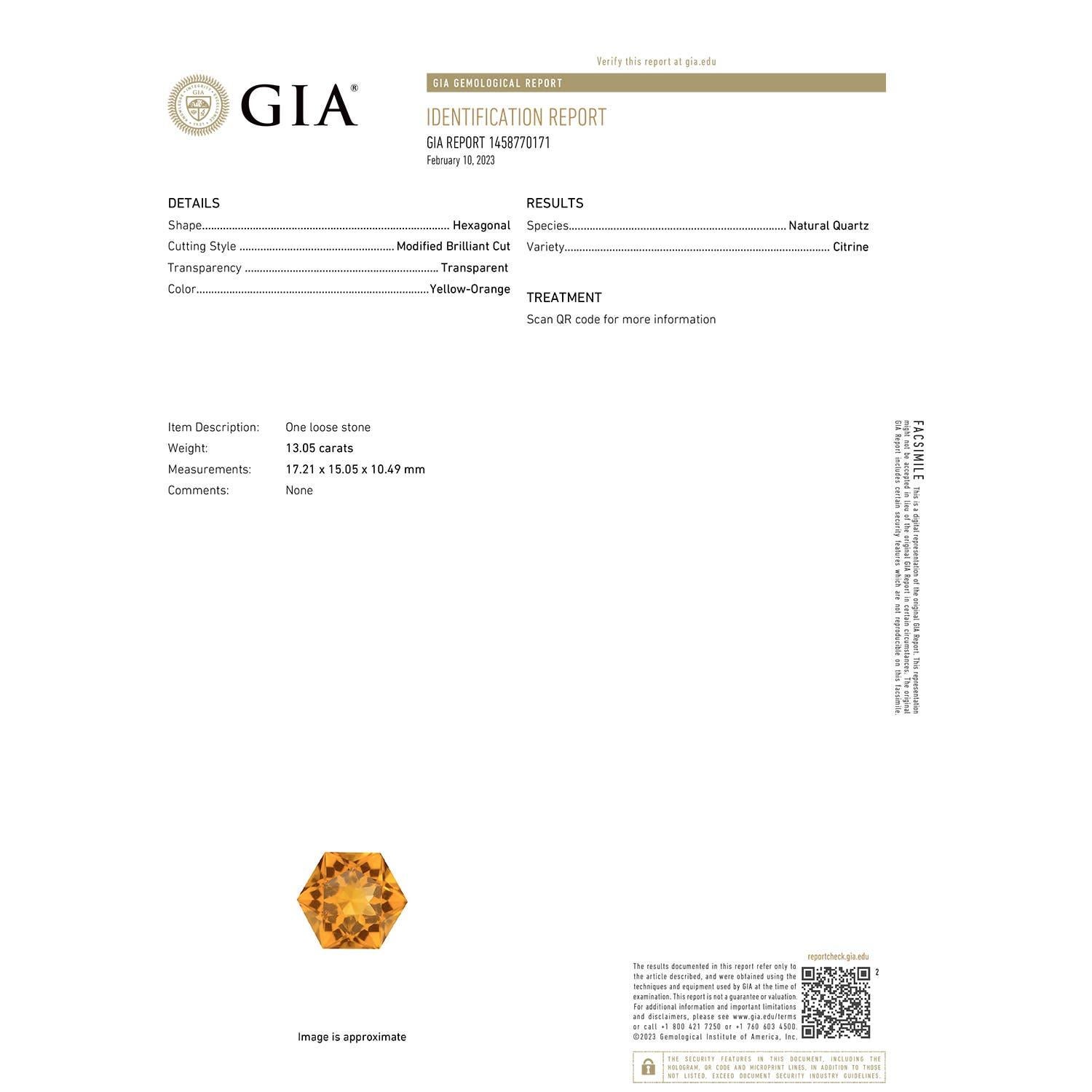 Angara Natural GIA zertifiziert hexagonal 13,05 ct Citrin Solitär Ring 14K Gold (Moderne) im Angebot