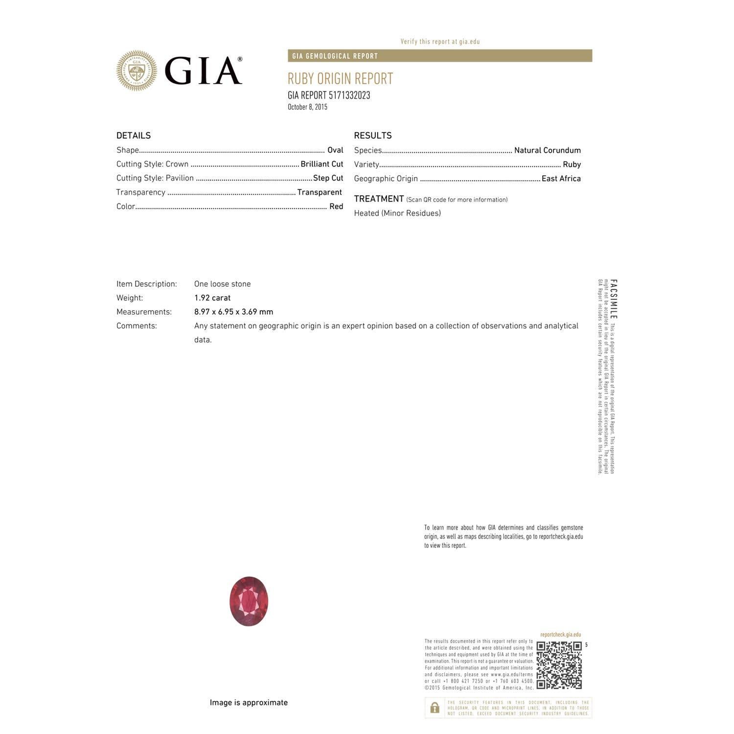 Moderno Anello di rubino ovale da 1,92 carati certificato GIA di Angara con diamante in oro 14 carati in vendita