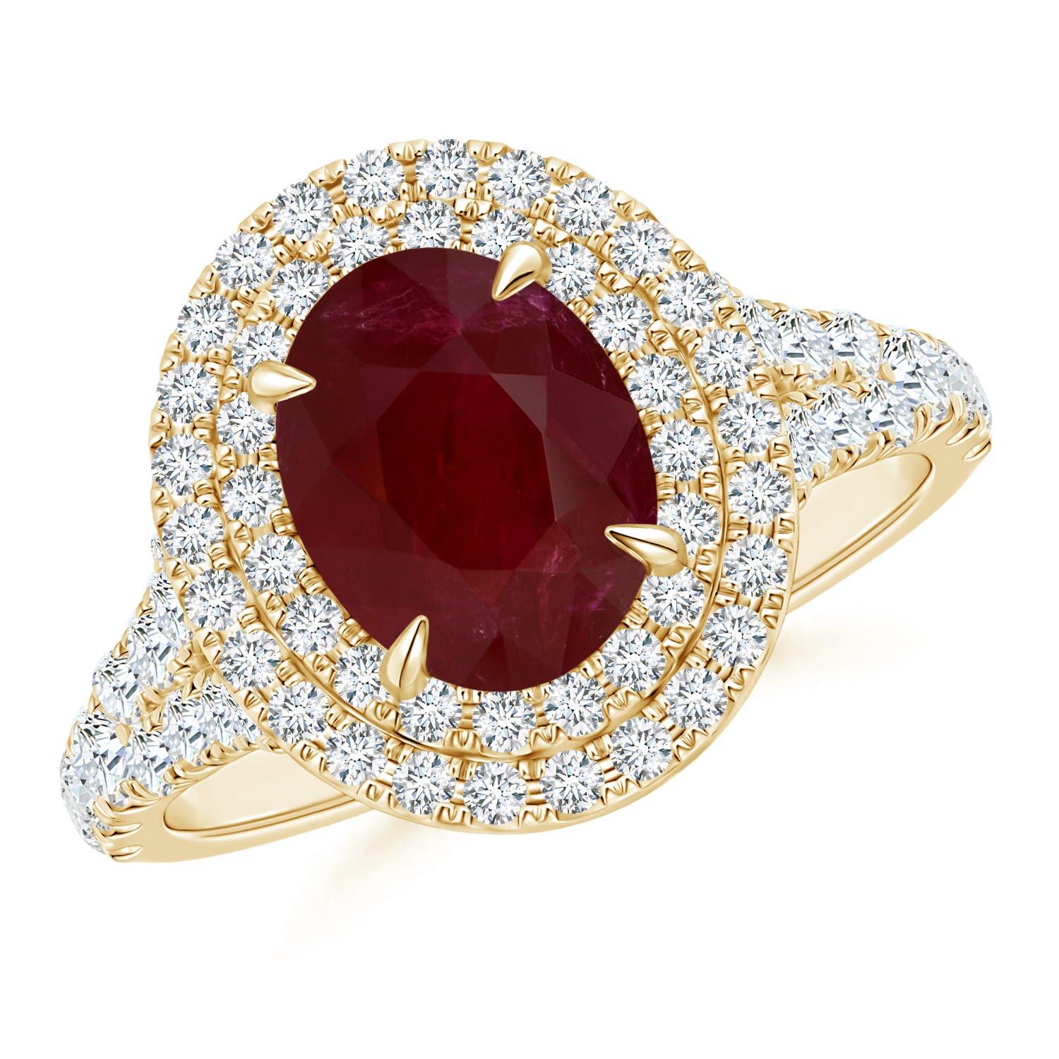 Angara natürlichen GIA zertifiziert oval 1,92ct Rubin Double Halo Ring in 14K massivem Gold im Angebot 2