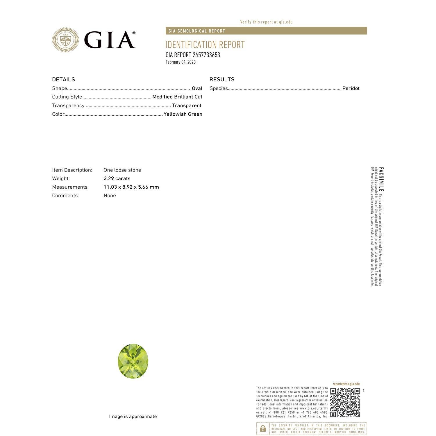 Angara natürlichen GIA zertifiziert Oval 3,29ct Peridot Solitär Ring 14K Solid Gold (Moderne) im Angebot