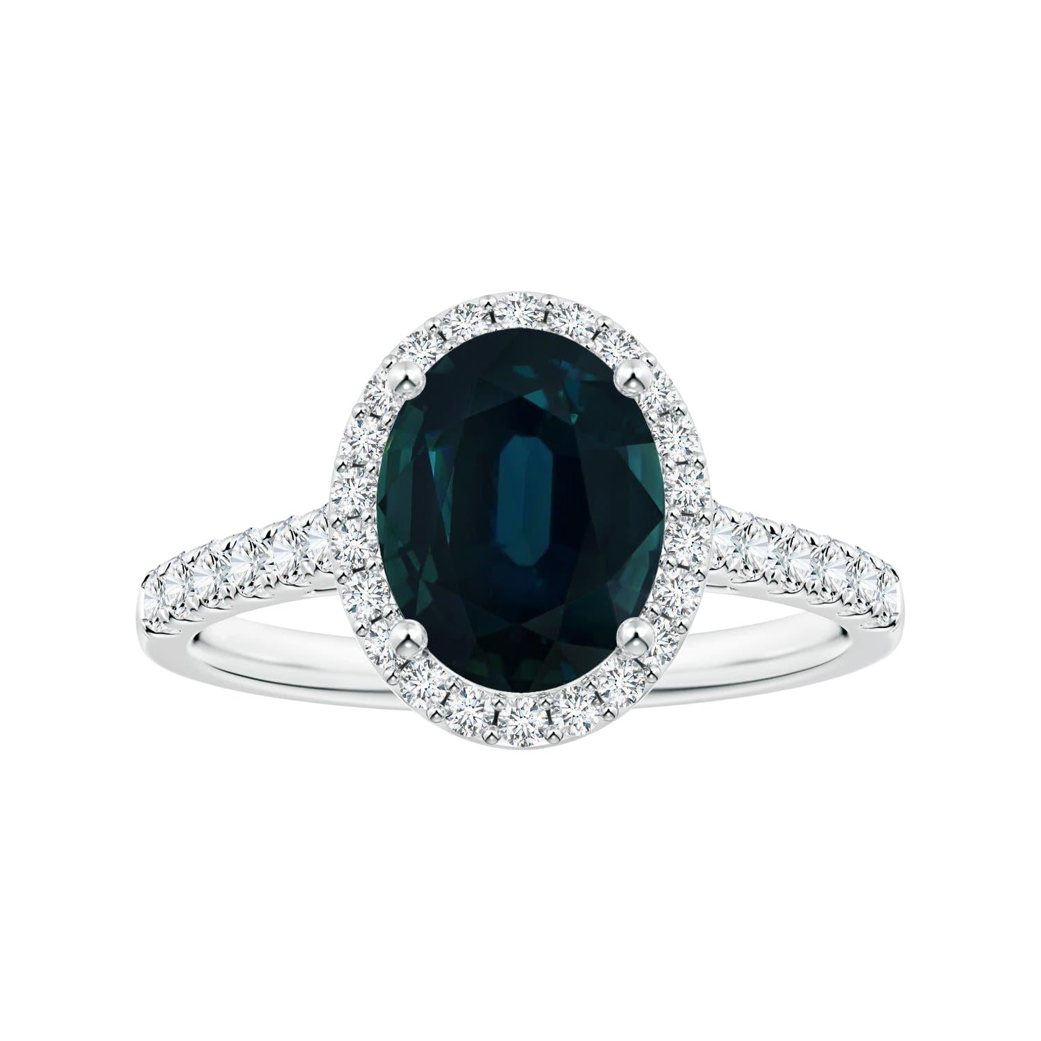 Anello aureolato con zaffiro blu ovale da 3,48 carati certificato GIA di Angara con diamante in vendita