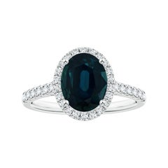 Angara Natural GIA Certified Oval 3.48 ct Blue Sapphire Halo Ring with Diamond