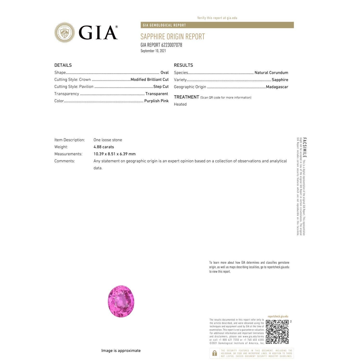 Moderne Pendentif en or massif 14K avec saphir rose ovale de 4,88ct certifié par la GIA et de couleur naturelle Angara en vente