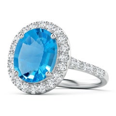 Anello aureolato di Topazio Blu Svizzero di Angara Nature certificato GIA da 4,9 carati in oro 14 carati