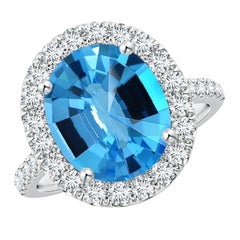 Anello aureolato di Topazio Blu Svizzero di Angara Nature certificato GIA da 4,9 carati in oro 14 carati
