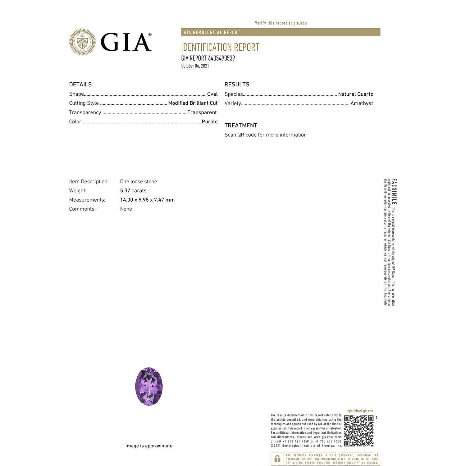 Moderno Anello solitario di ametista ovale da 5,37 carati certificato GIA di Angara in oro 14K in vendita