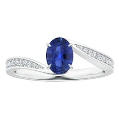 Angara Natural GIA Certified Oval Blue Sapphire Ring with Diamond in 14K Gold