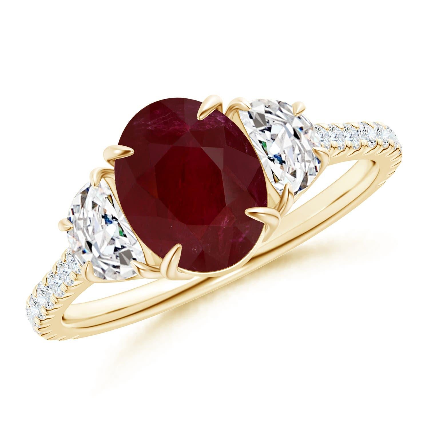 Bague à 3 pierres en or massif 14K avec rubis ovale certifié GIA et diamant Angara Nature en vente 2