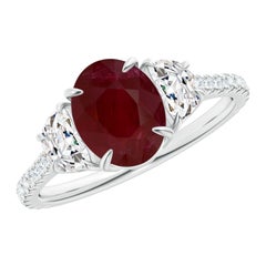 Bague à 3 pierres en or massif 14K avec rubis ovale certifié GIA et diamant Angara Nature