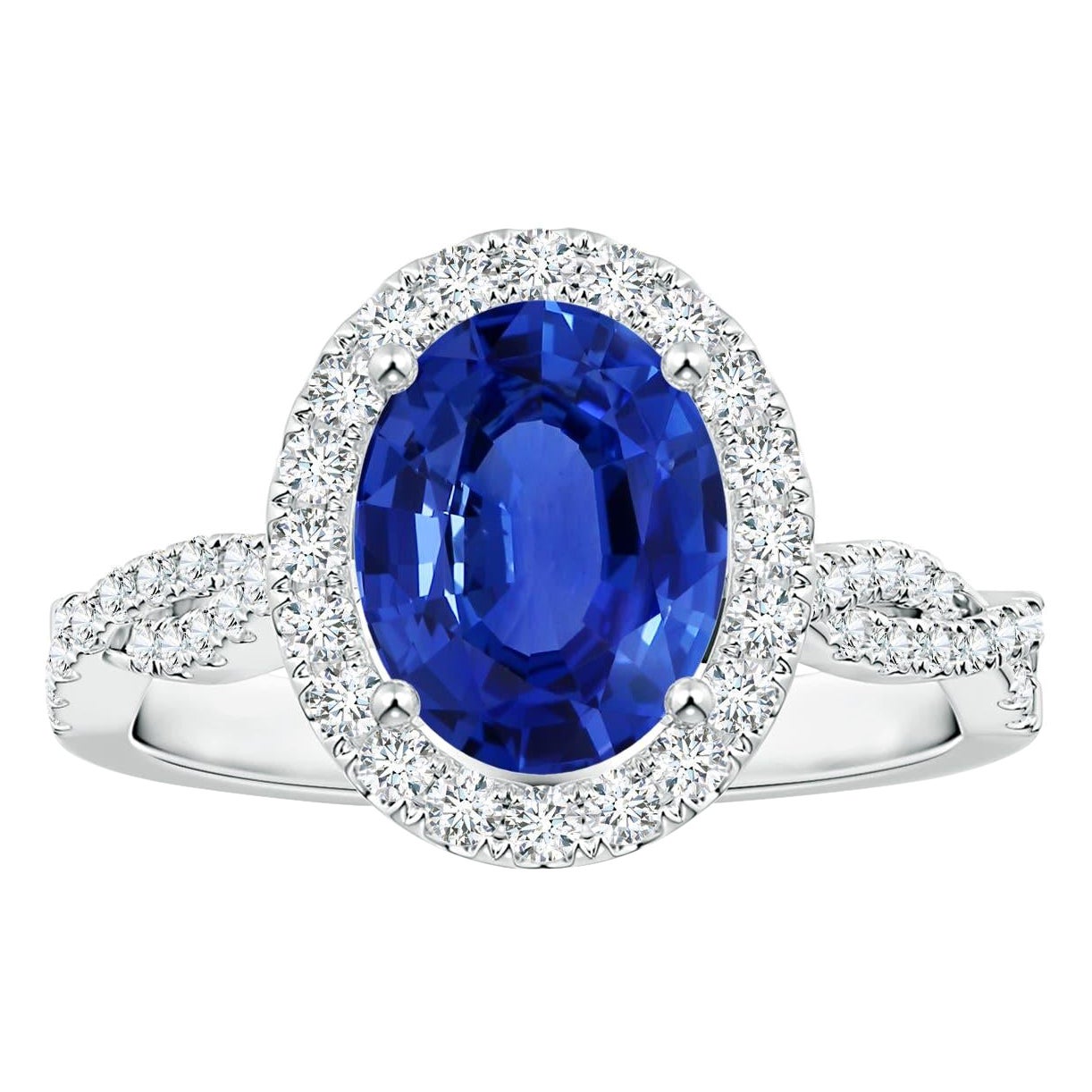 Anello aureola con zaffiro ovale certificato GIA di Angara e diamanti in oro 14K