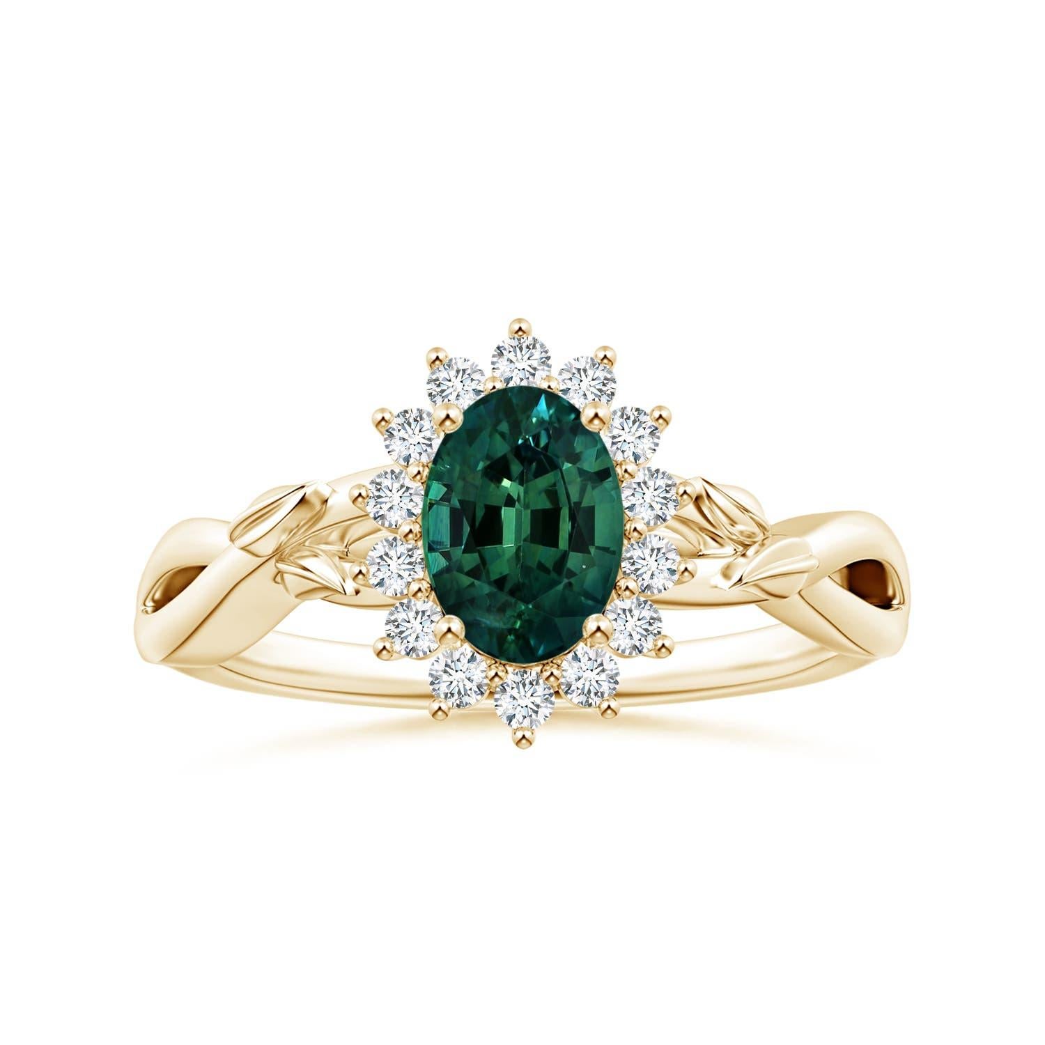 Bague de halo en or 14 carats pour femme, saphir sarcelle ovale naturel certifié par la GIA en vente 2