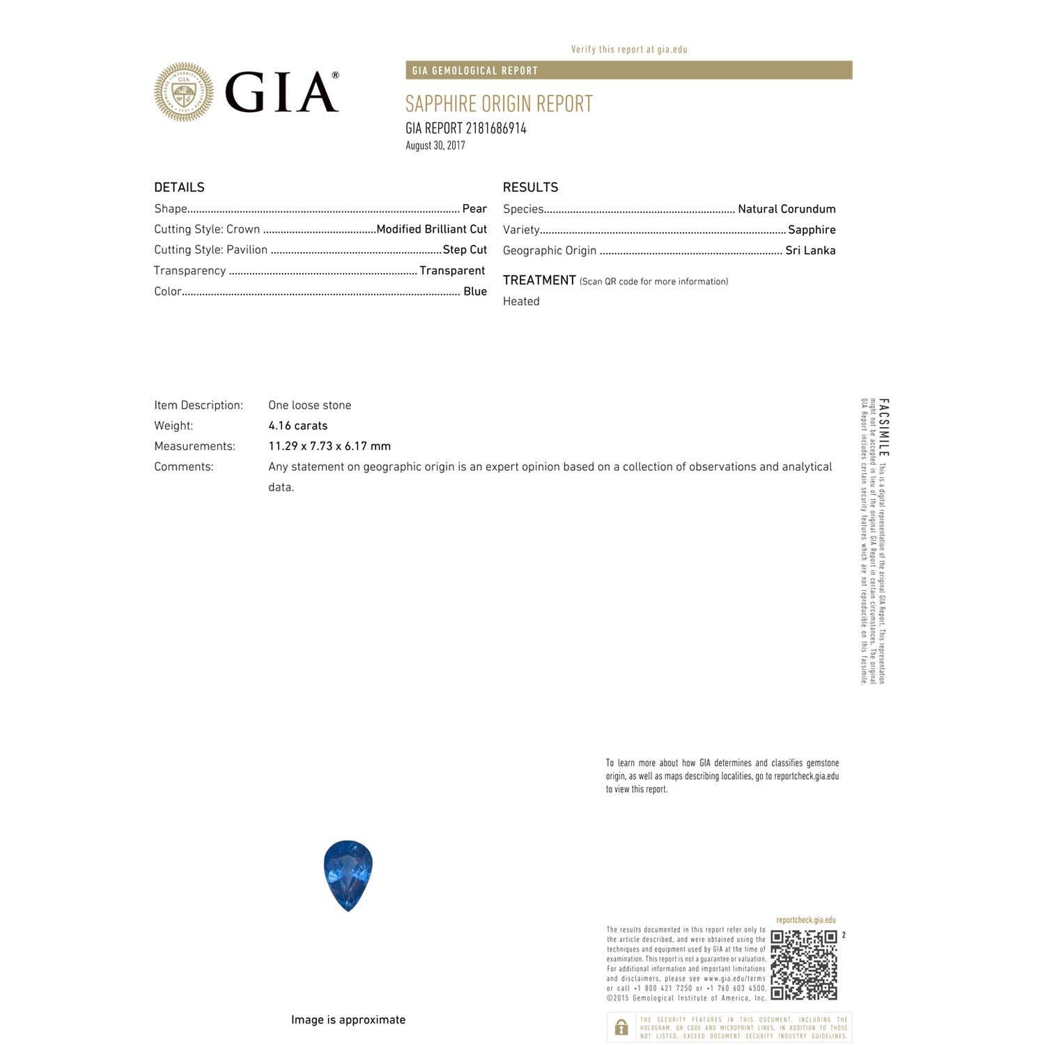 Moderne Pendentif en or 14K avec saphir bleu Angara certifié GIA en forme de poire de 4,16ct en vente