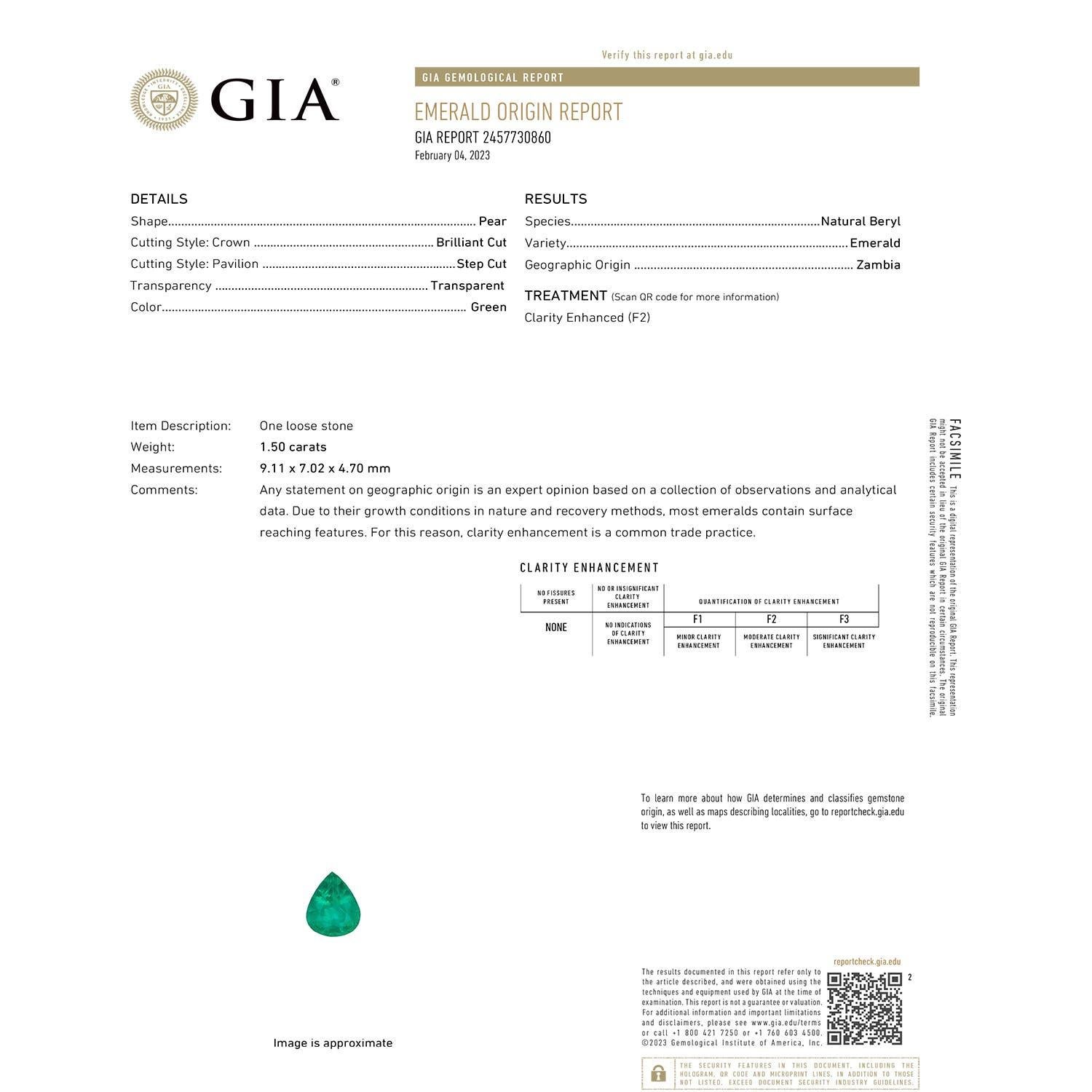 Angara Anillo de diamantes esmeralda naturales con certificado GIA en forma de pera de 1,5 ct en oro de 14 quilates Moderno en venta
