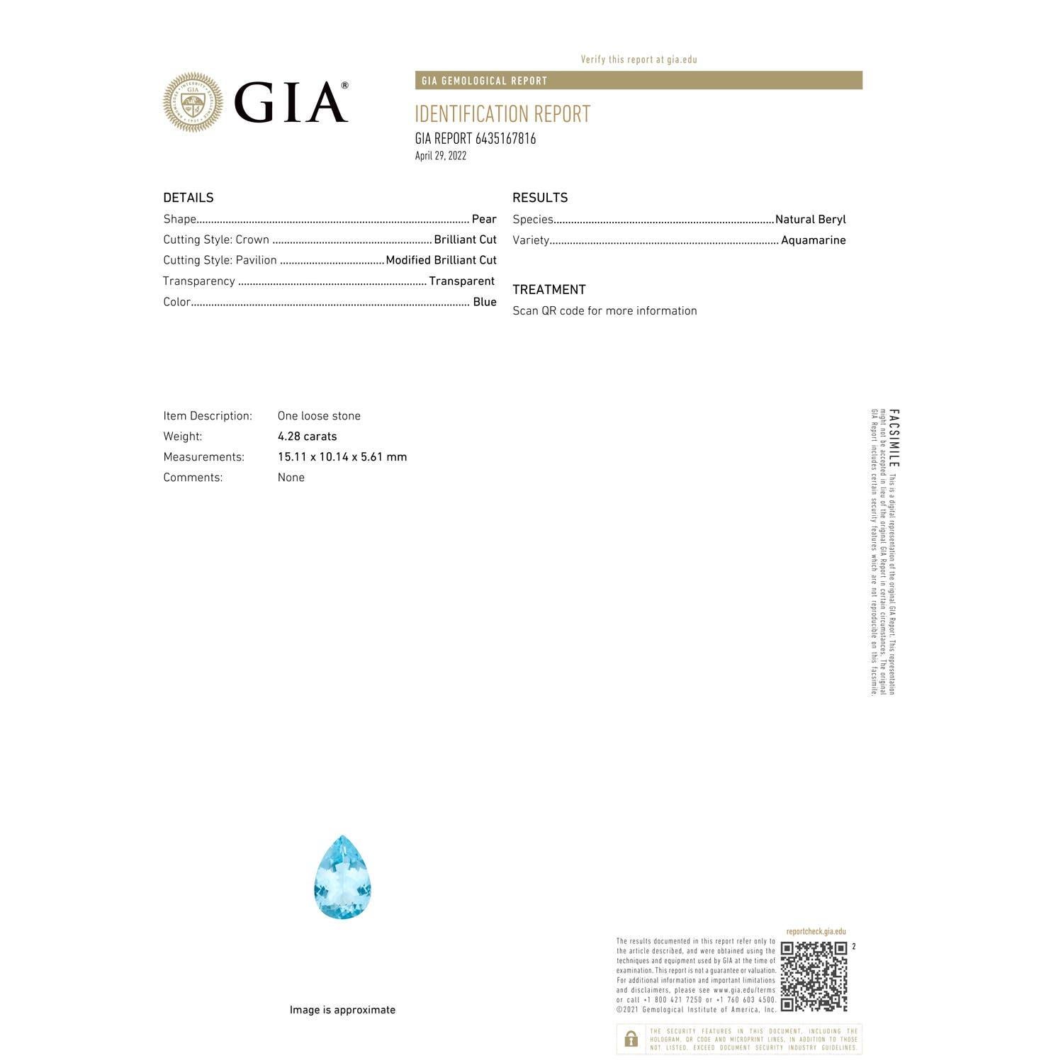 Angara Natural GIA zertifiziert birnenförmigen 4,28 ct Aquamarin Ring in 14K Gold (Moderne) im Angebot