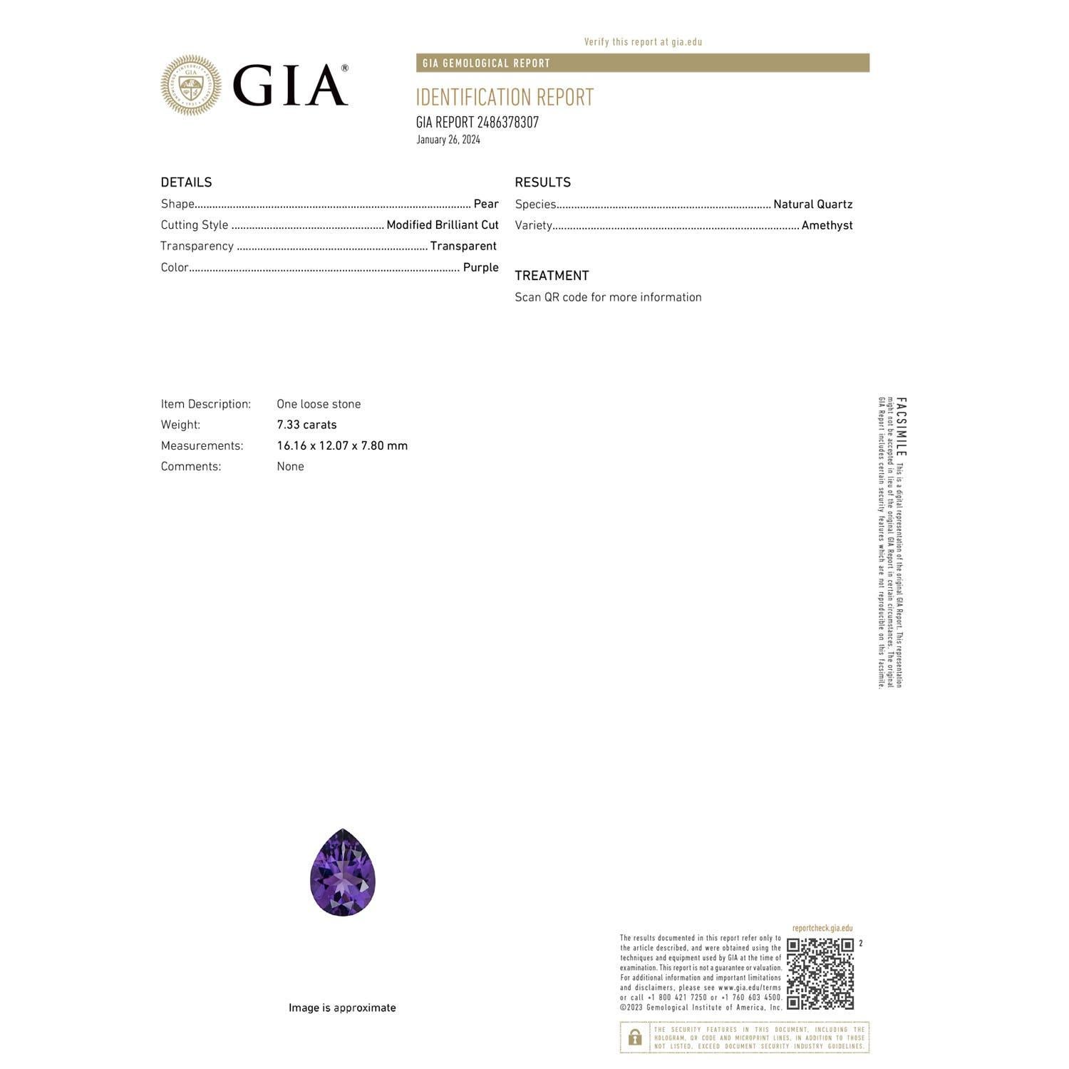Moderno Anello di ametista Angara Nature certificato GIA a forma di pera da 7,33 carati in oro massiccio 14K in vendita
