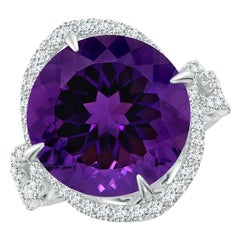 Angara Anillo con Halo de Amatista Natural Redonda Certificada por el GIA de 10,26 ct en oro macizo de 14 quilates