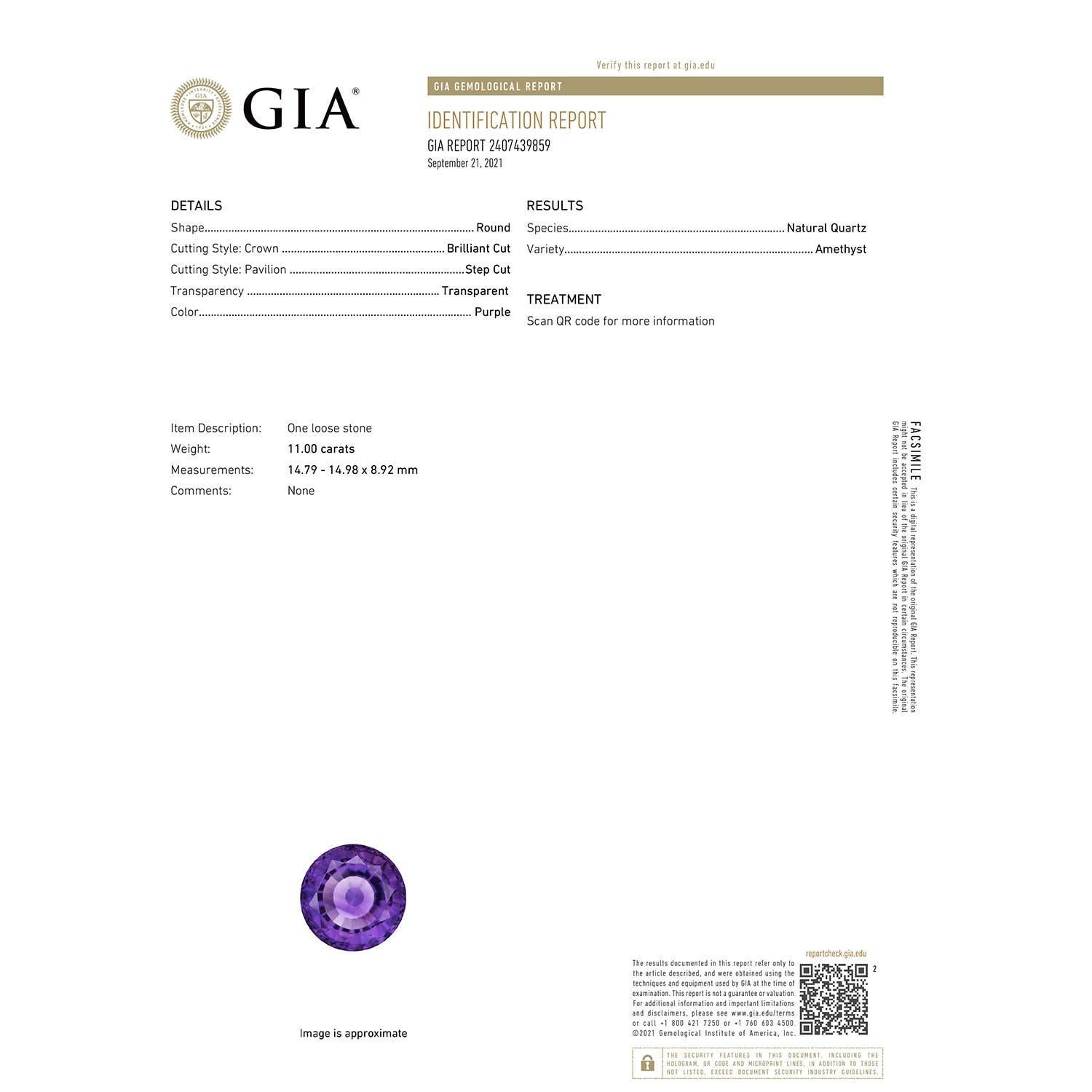 Moderno Anello cocktail con ametista tonda da 11 carati certificata GIA di Angara in oro massiccio 14 carati in vendita