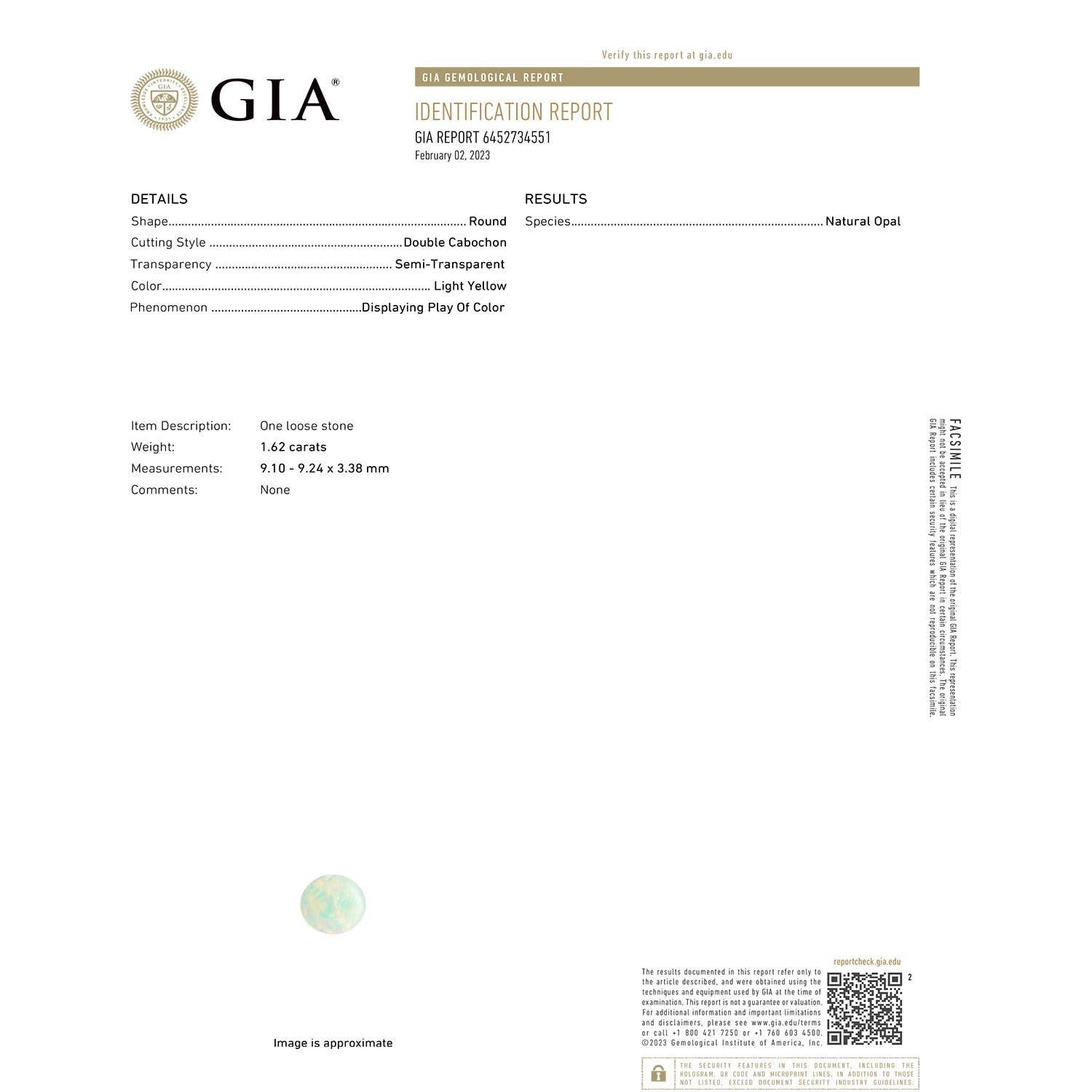 Moderno Anello solitario con opale rotondo da 1,62 carati certificato GIA di Angara in oro massiccio 14 carati in vendita
