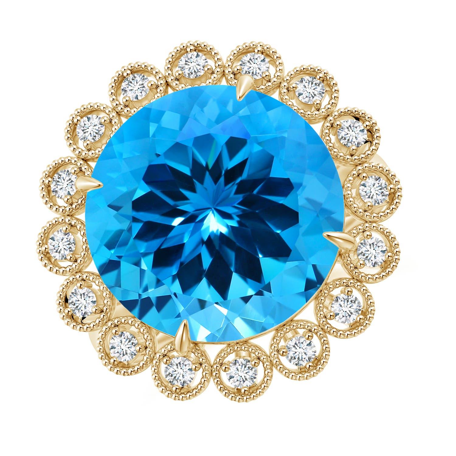 Anello aureolato in oro 14K con Topazio Blu Svizzero, Nature GIA certificato, rotondo da 9,81 ct. in vendita 3