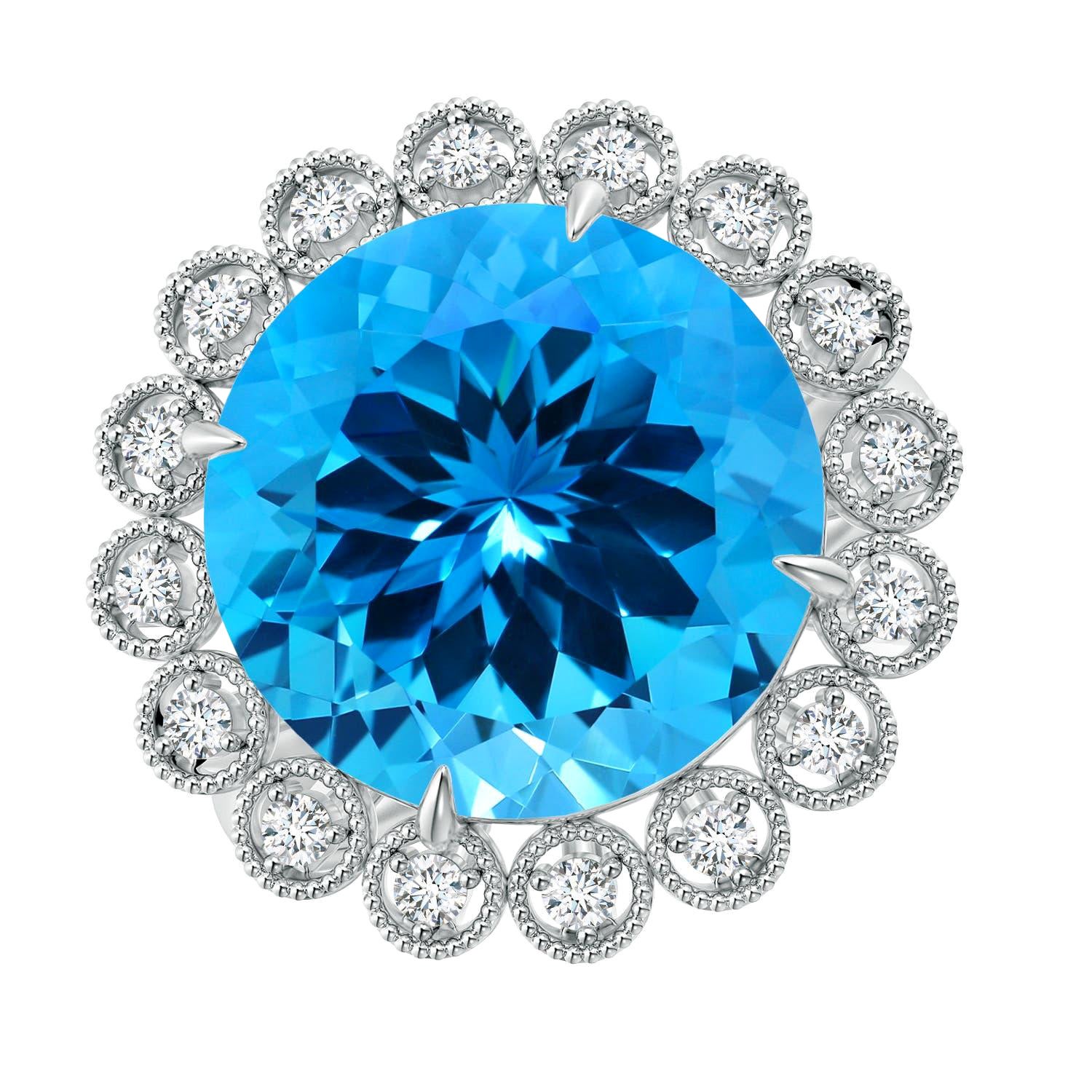 Anello aureolato in oro 14K con Topazio Blu Svizzero, Nature GIA certificato, rotondo da 9,81 ct.