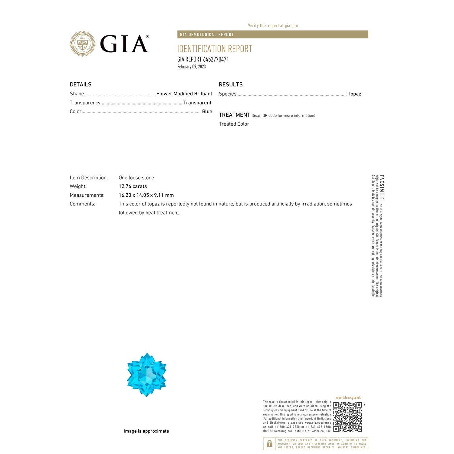 Moderno Angara Nature certificato GIA con taglio a fiocco di neve da 12,76 ct di Topazio Blu Svizzero in oro 14K in vendita