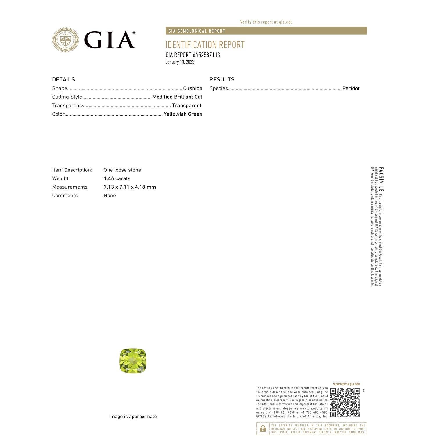 Angara natürlichen GIA zertifiziert Solitär Kissen 1,46 ct Peridot Ring in 14K Gold (Moderne) im Angebot