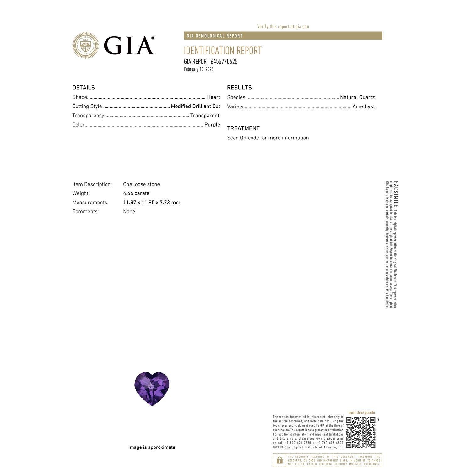 Moderno Anello Angara Nature certificato GIA con cuore solitario di ametista da 4,66 carati in oro 14K in vendita