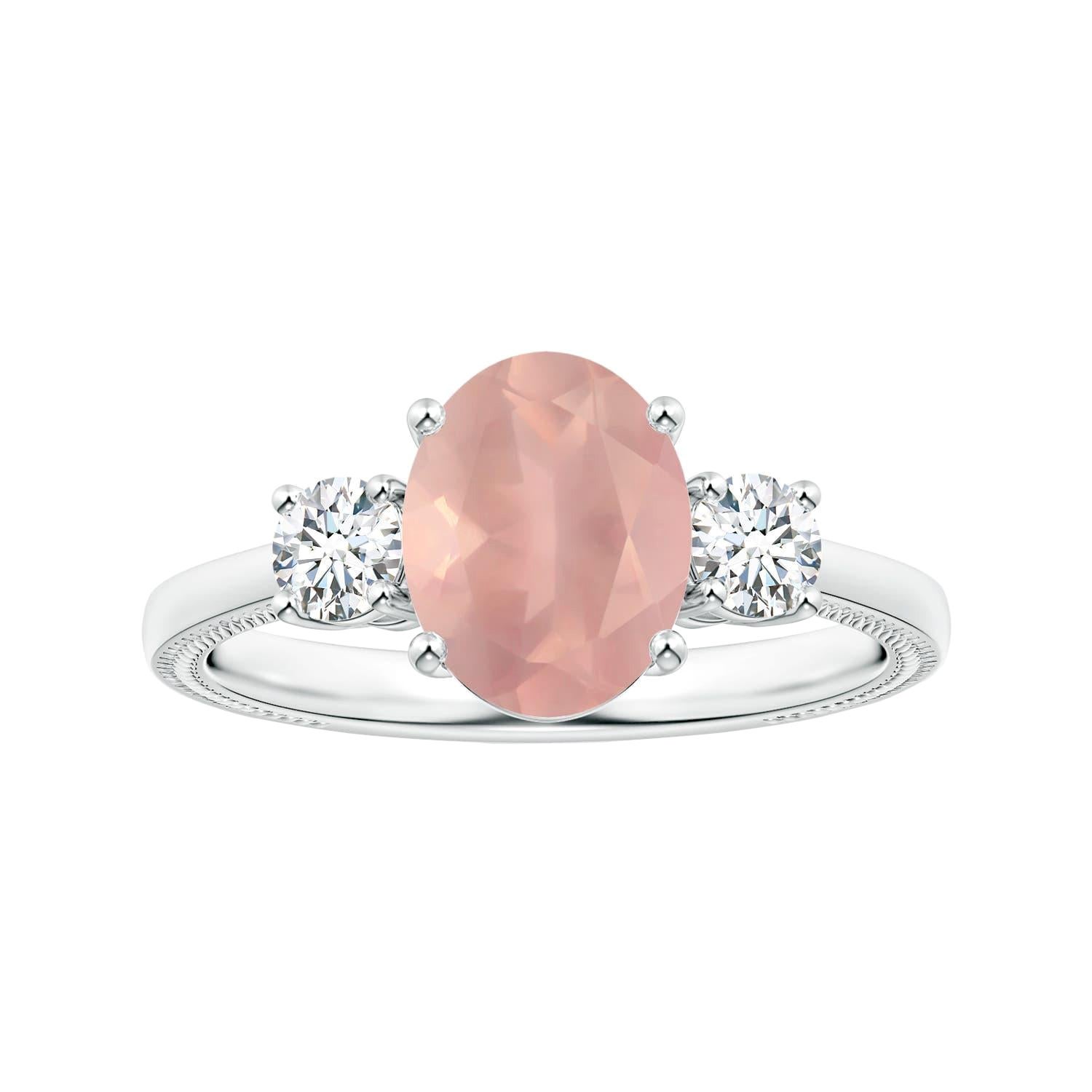 Angara Anillo Natural de Cuarzo Rosa de Tres Piedras Ovalado Certificado GIA 2,33ct Oro de 14K