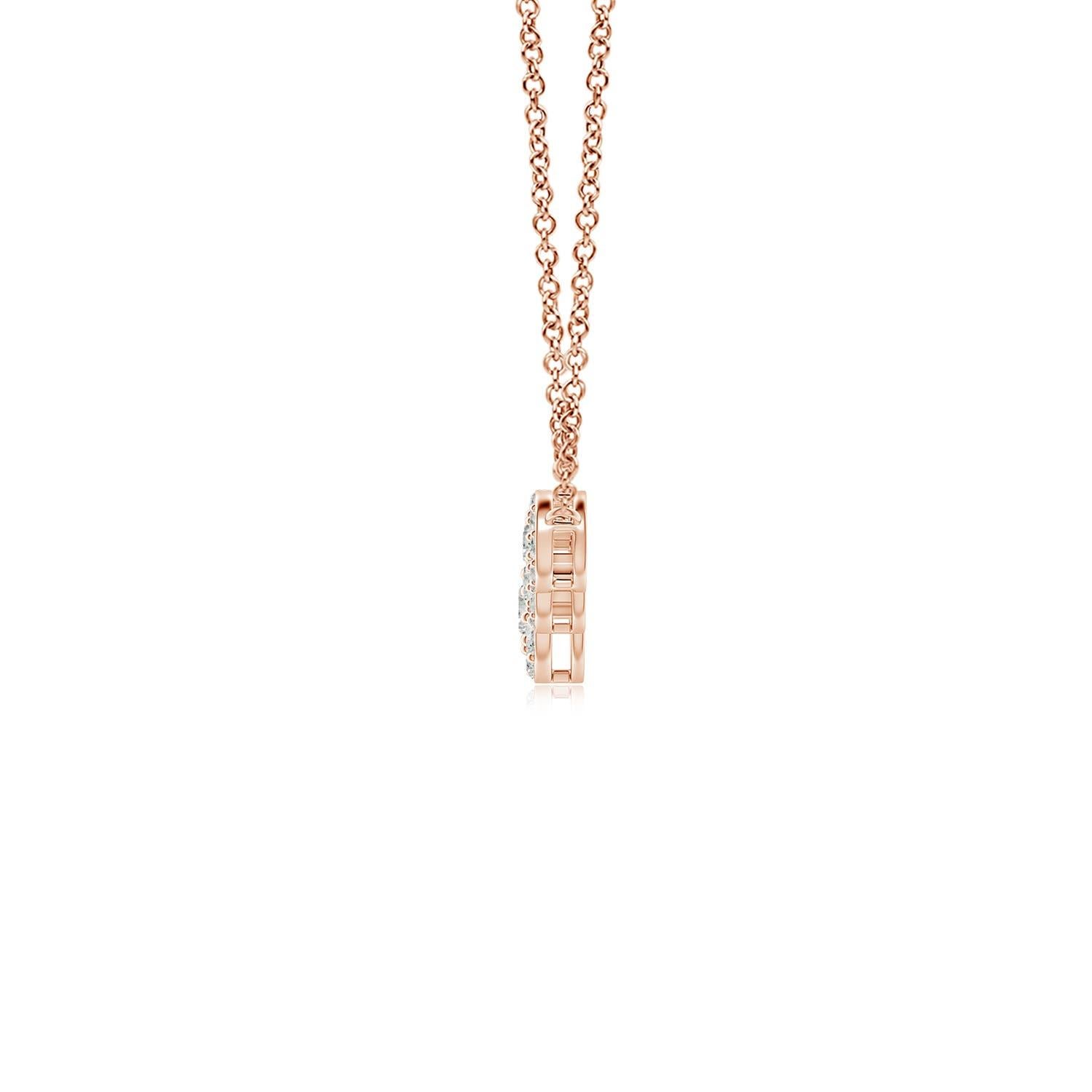 Exuding a dose of extravagance with celestial brilliance, this diamond five stone necklace is designed in 14k rose gold. Five round diamonds are horizontally connected in a graduating pattern and surrounded by halos of glimmering accent diamonds.