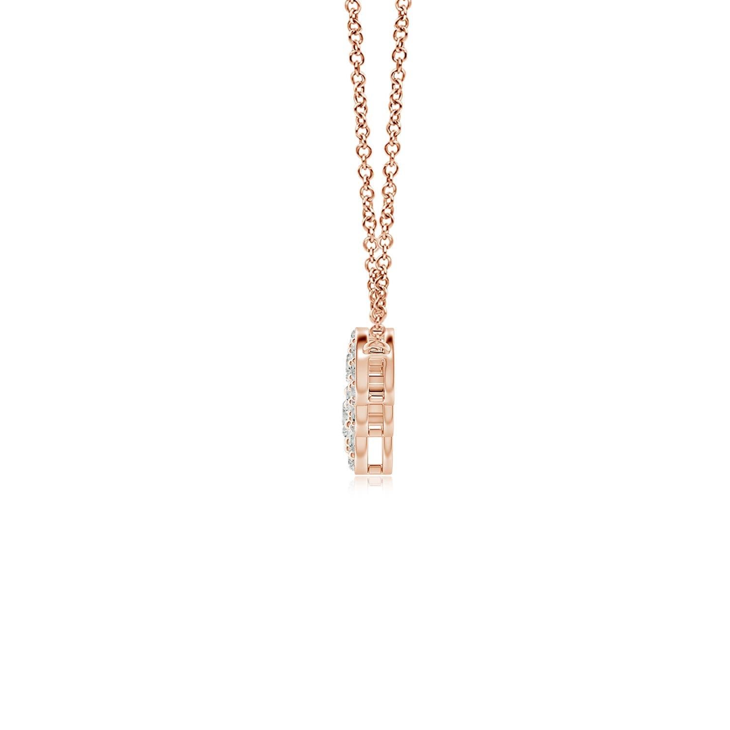Exuding a dose of extravagance with celestial brilliance, this diamond five stone necklace is designed in 14k rose gold. Five round diamonds are horizontally connected in a graduating pattern and surrounded by halos of glimmering accent diamonds.