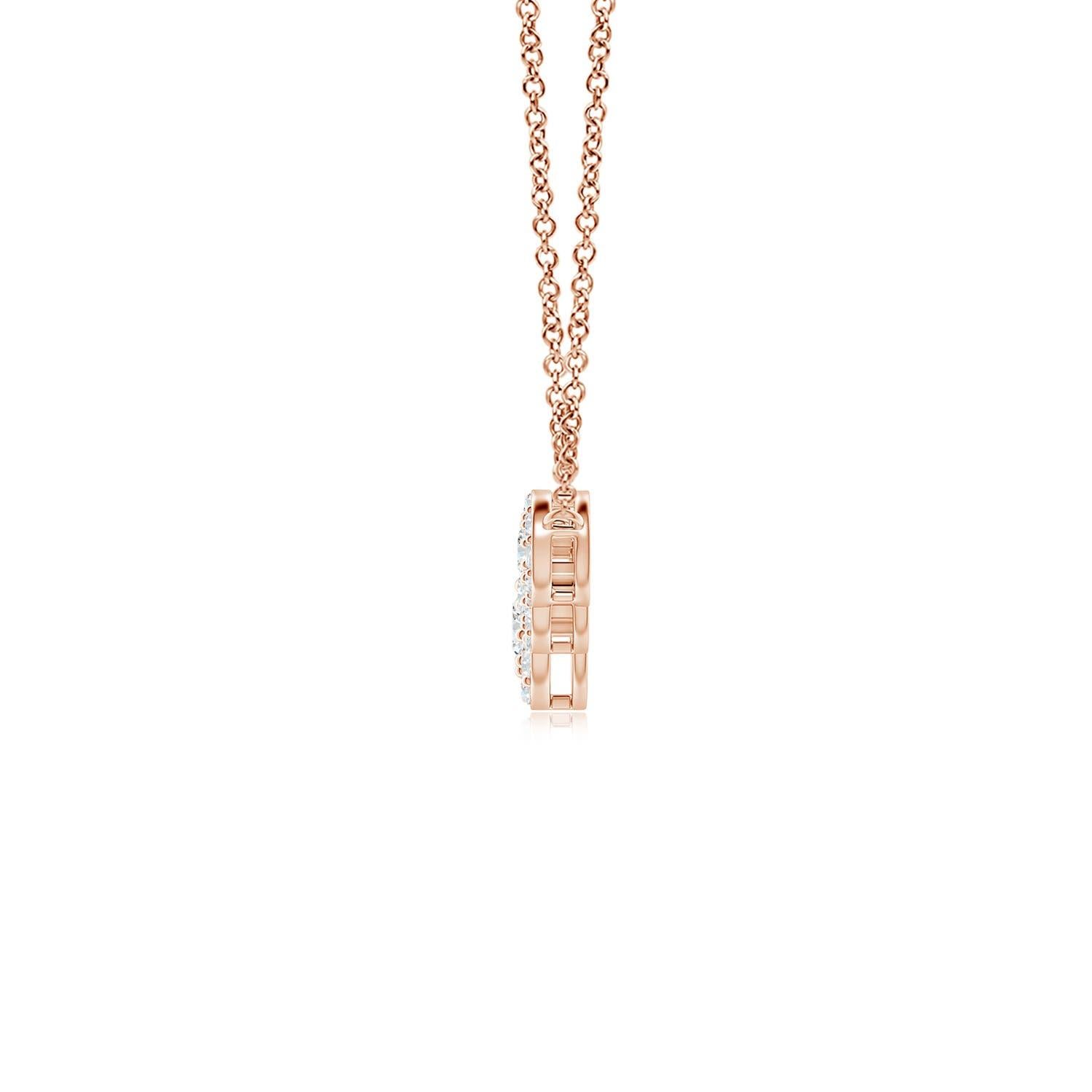 Exuding a dose of extravagance with celestial brilliance, this diamond five stone necklace is designed in 14k rose gold. Five round diamonds are horizontally connected in a graduating pattern and surrounded by halos of glimmering accent diamonds.