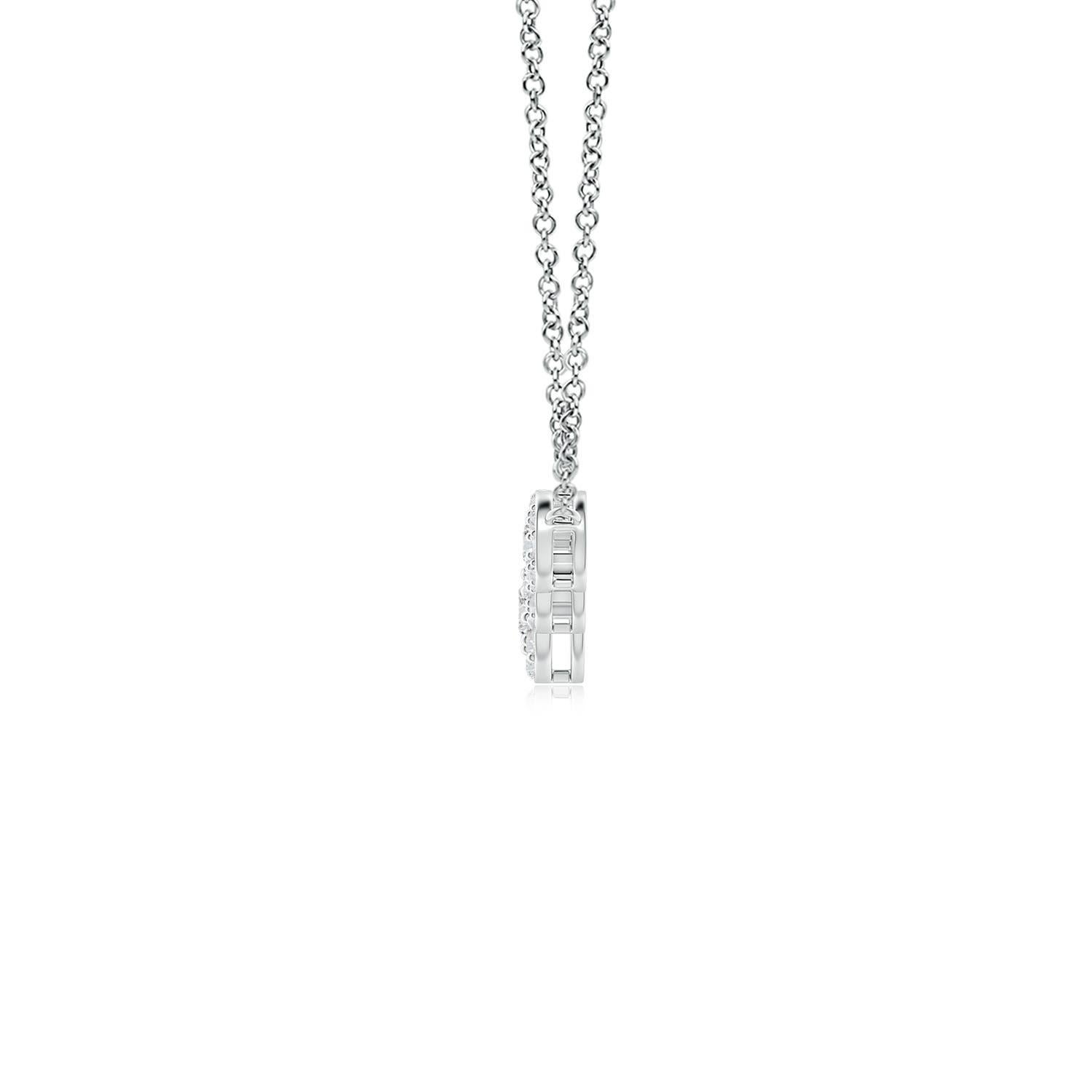 Exuding a dose of extravagance with celestial brilliance, this diamond five stone necklace is designed in 14k white gold. Five round diamonds are horizontally connected in a graduating pattern and surrounded by halos of glimmering accent diamonds.