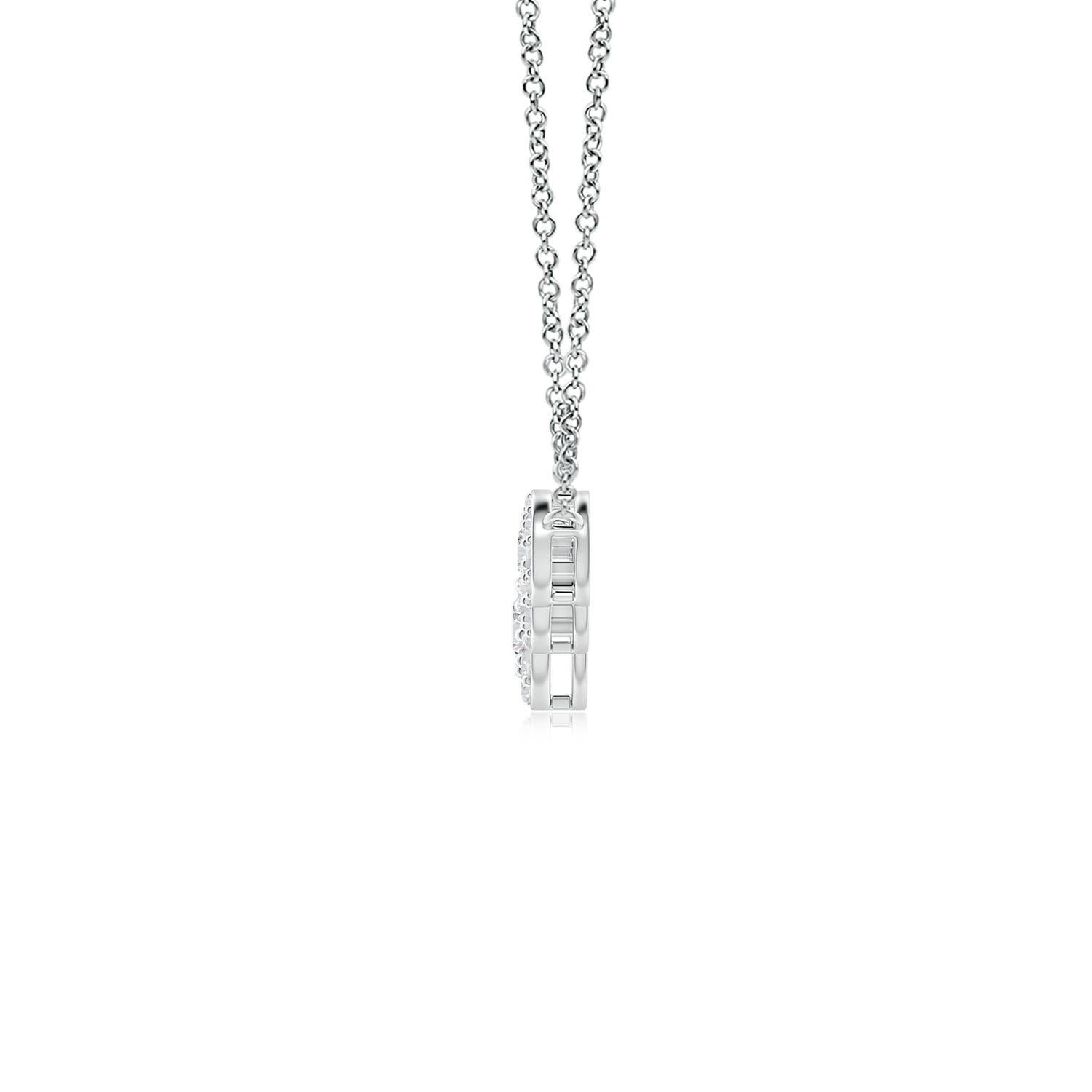 Exuding a dose of extravagance with celestial brilliance, this diamond five stone necklace is designed in 14k white gold. Five round diamonds are horizontally connected in a graduating pattern and surrounded by halos of glimmering accent diamonds.